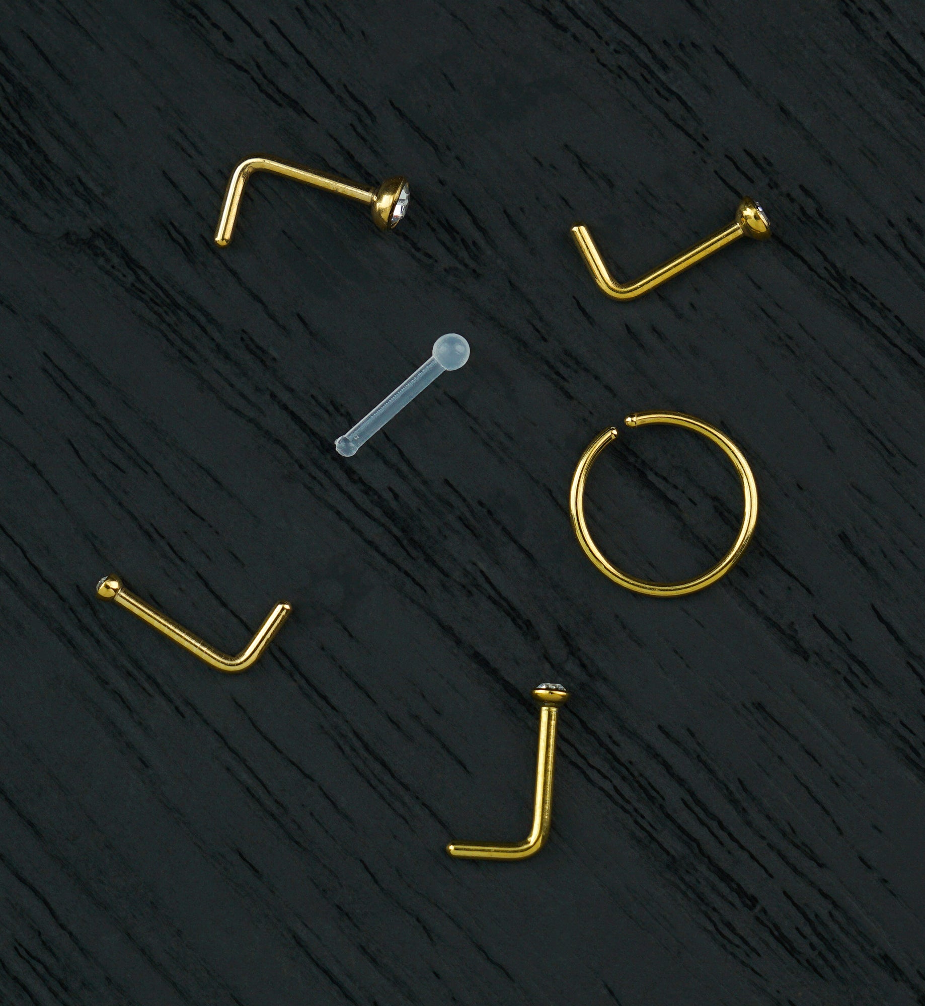 Gold PVD Bezel Clear CZ Stainless Steel L Bend/Stud/Hoop Variety Pack (6 Pack)