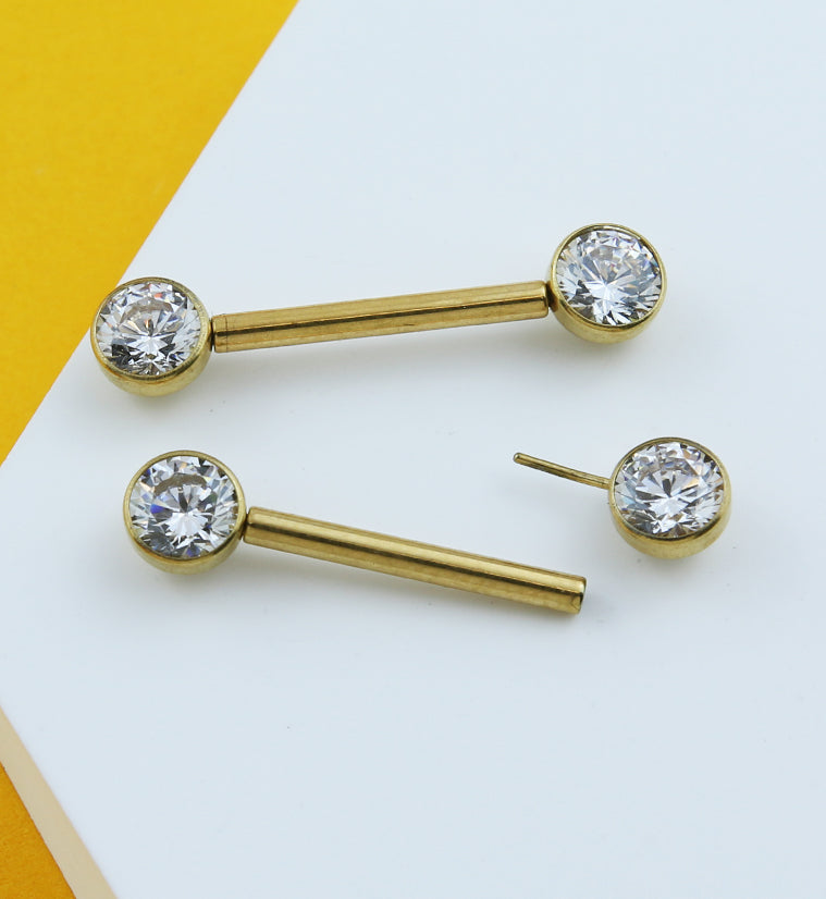 Gold PVD Bezel Clear CZ Threadless Titanium Nipple Barbells