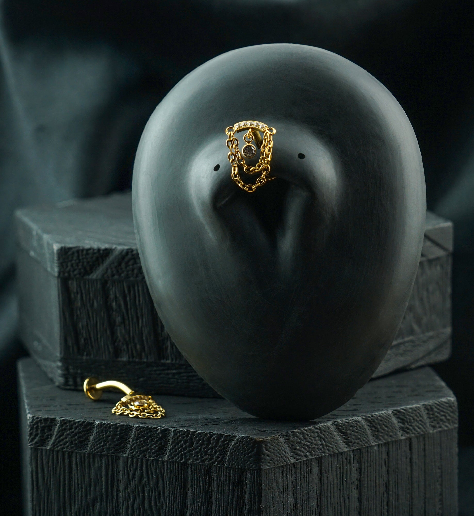 Gold PVD Bound Dangle CZ Chain Titanium Threadless Floating Belly Button Ring