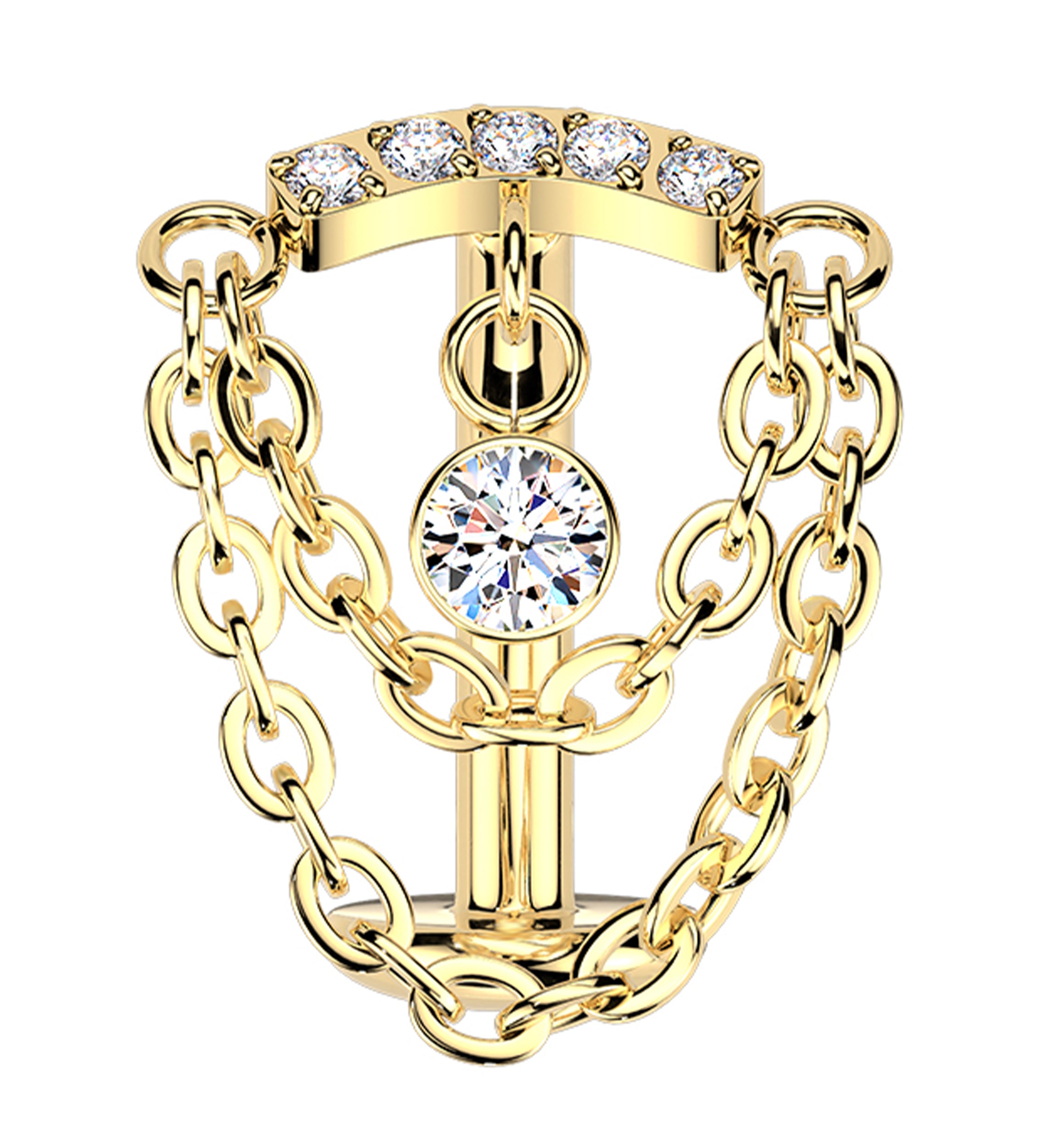 Gold PVD Bound Dangle CZ Chain Titanium Threadless Floating Belly Button Ring