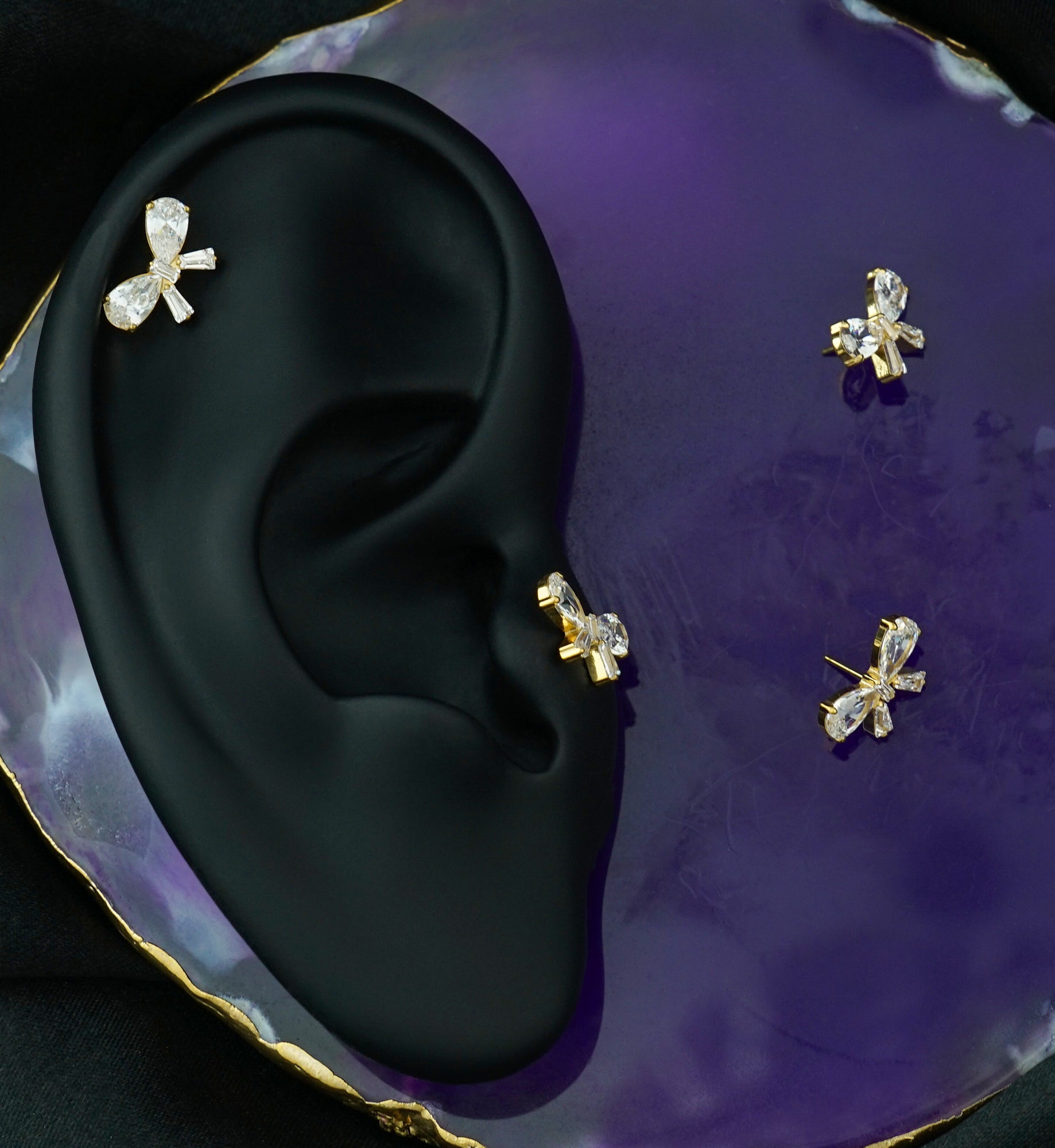 Gold PVD Bow Clear CZ Titanium Threadless Top