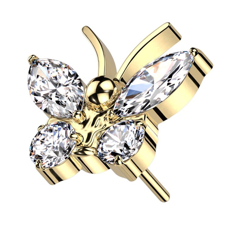 Gold PVD Butterfly Antennae Clear CZ Titanium Threadless Top
