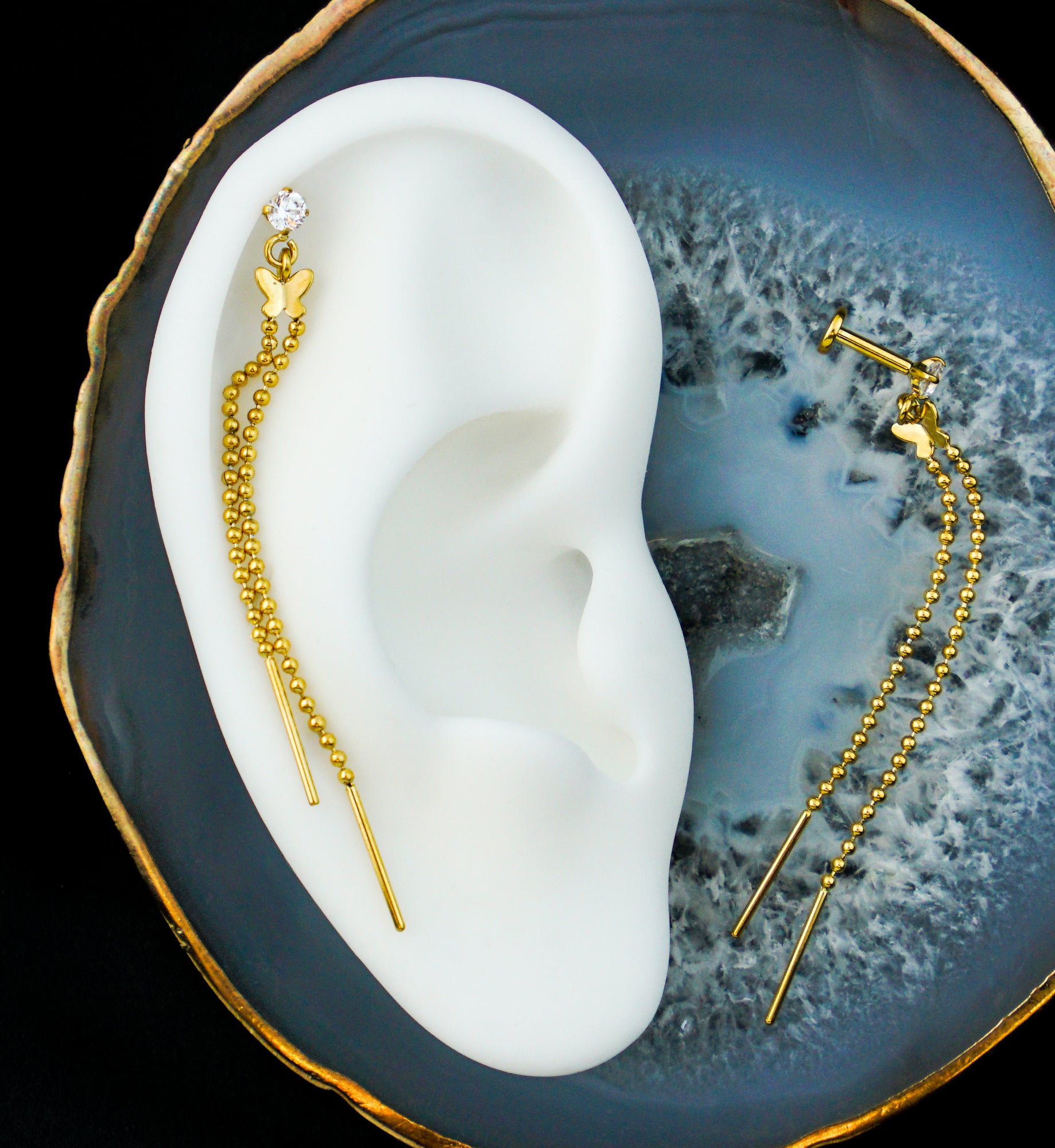 Gold PVD Butterfly Beaded Dangle Chain Stainless Steel Internally Threaded Labret