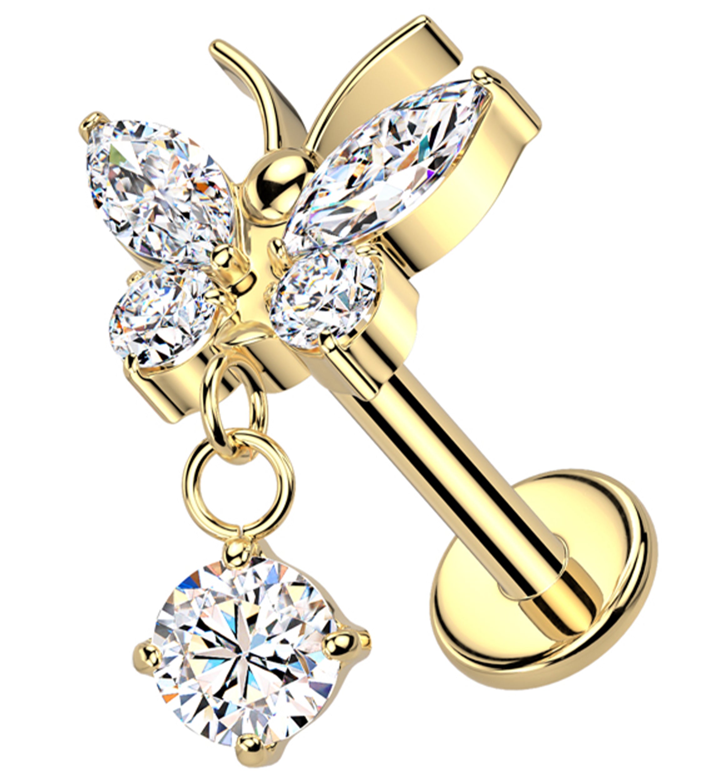 Gold PVD Butterfly Clear CZ Dangle Internally Threaded Titanium Labret