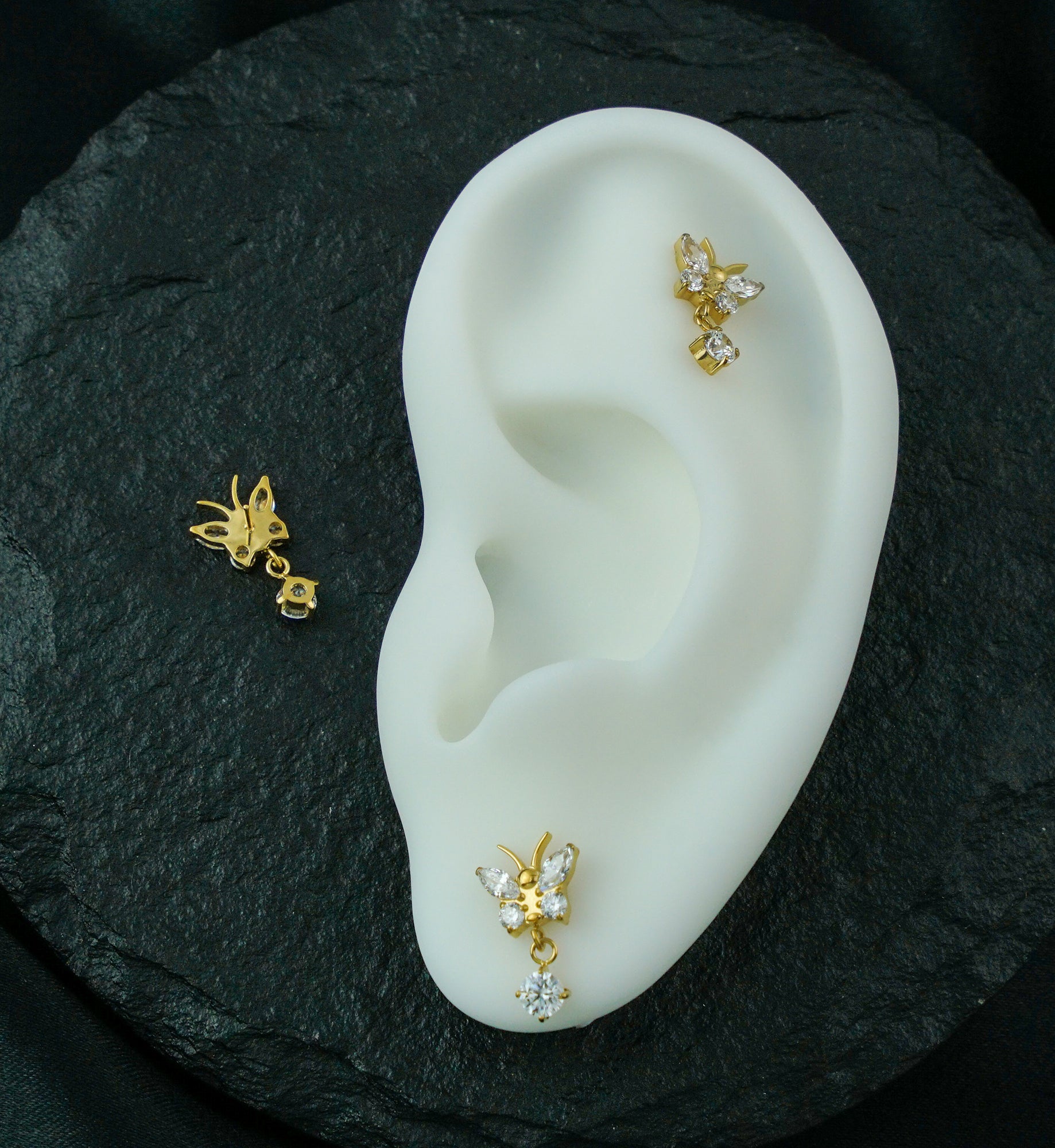 Gold PVD Butterfly Clear CZ Dangle Titanium Threadless Top