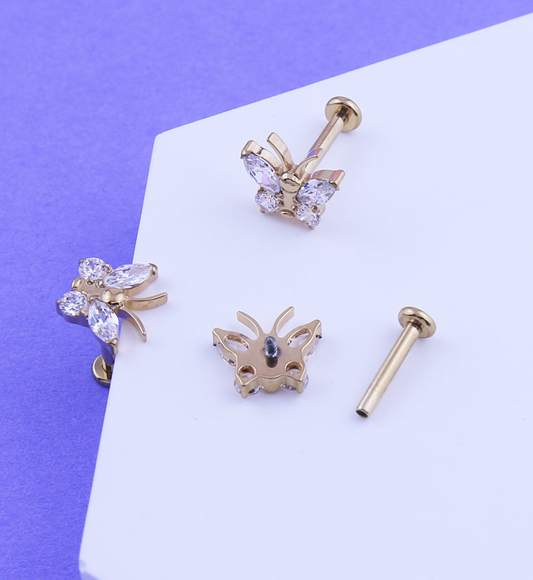 Gold PVD Butterfly Clear CZ Titanium Internally Threaded Labret