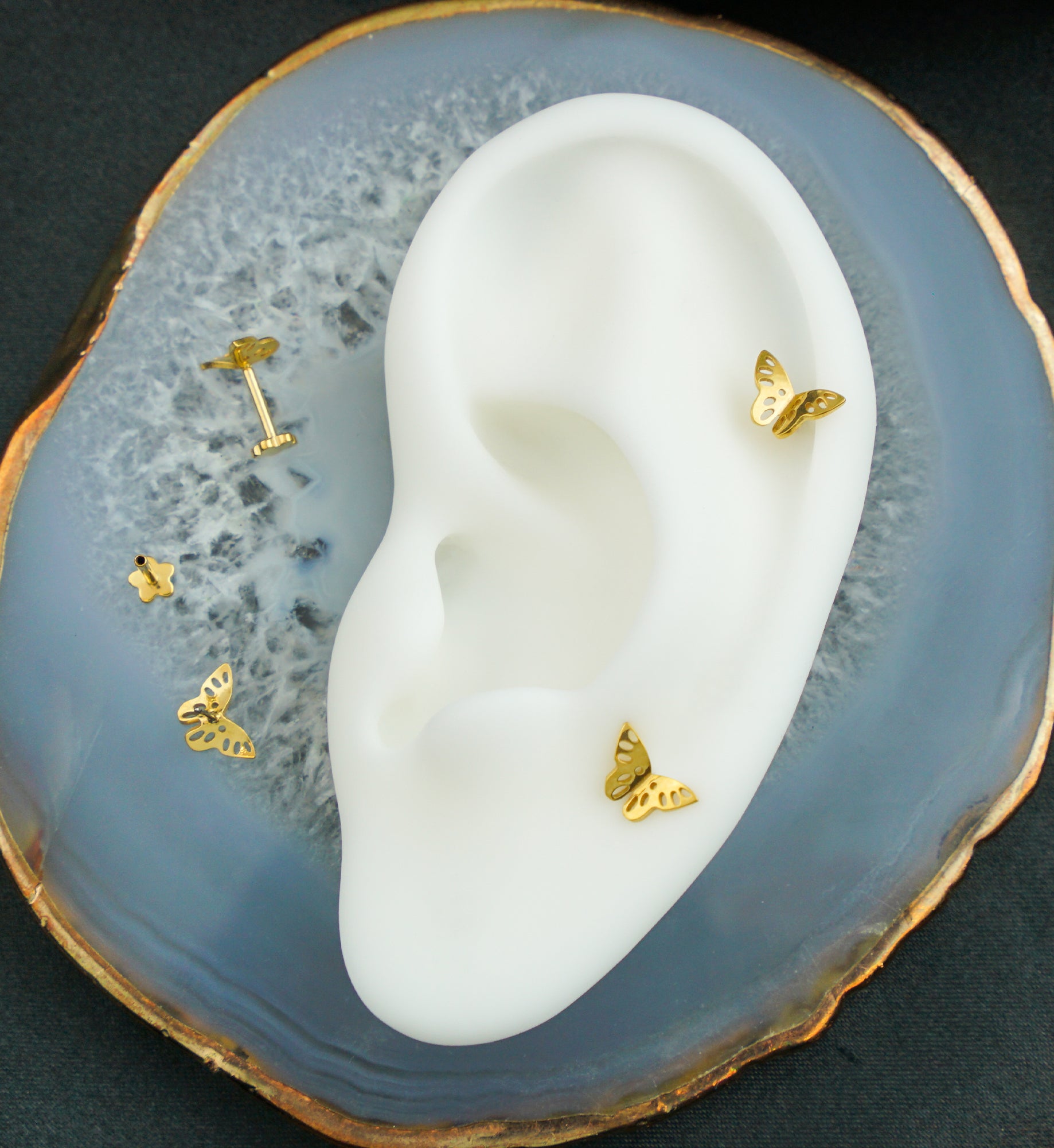 Gold PVD Butterfly Cutout Threadless Titanium Flower Back Labret