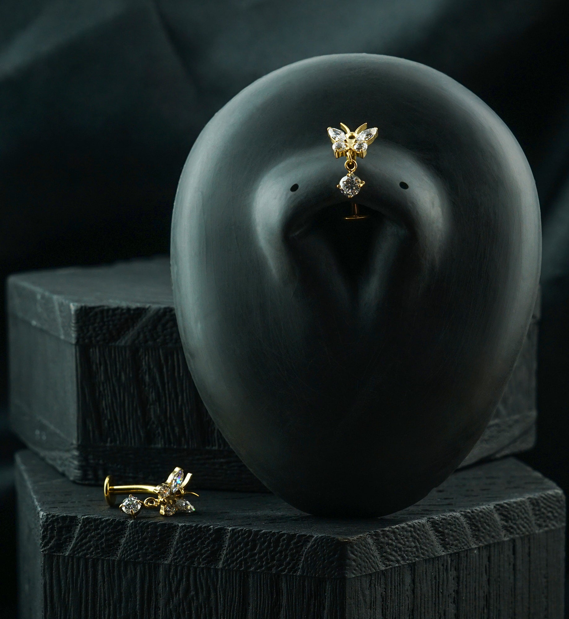 Gold PVD Butterfly Dangle CZ Titanium Threadless Floating Belly Button Ring