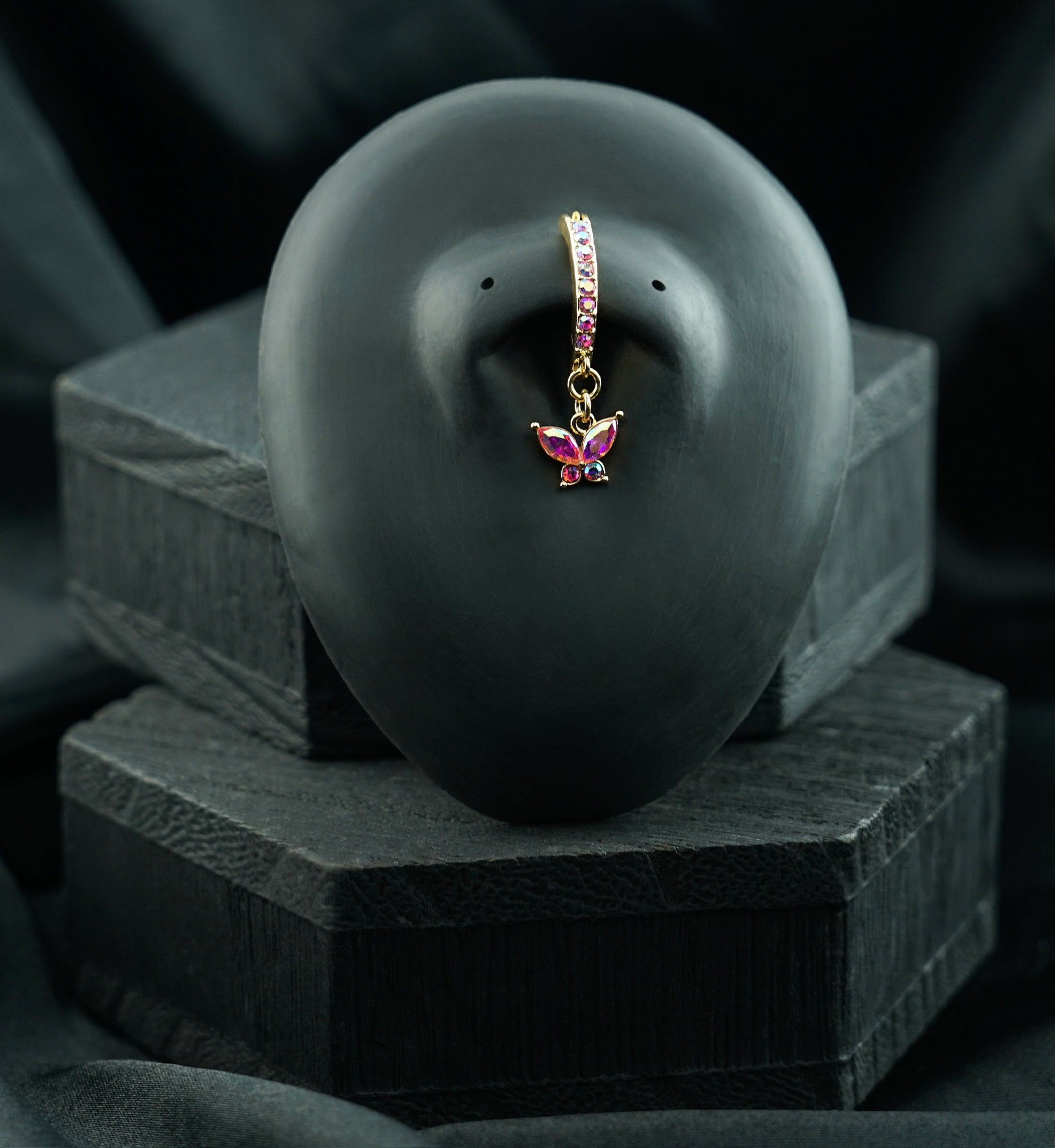 Gold PVD Butterfly Pink Aurora CZ Dangle Stainless Steel Hinged Belly Button Ring