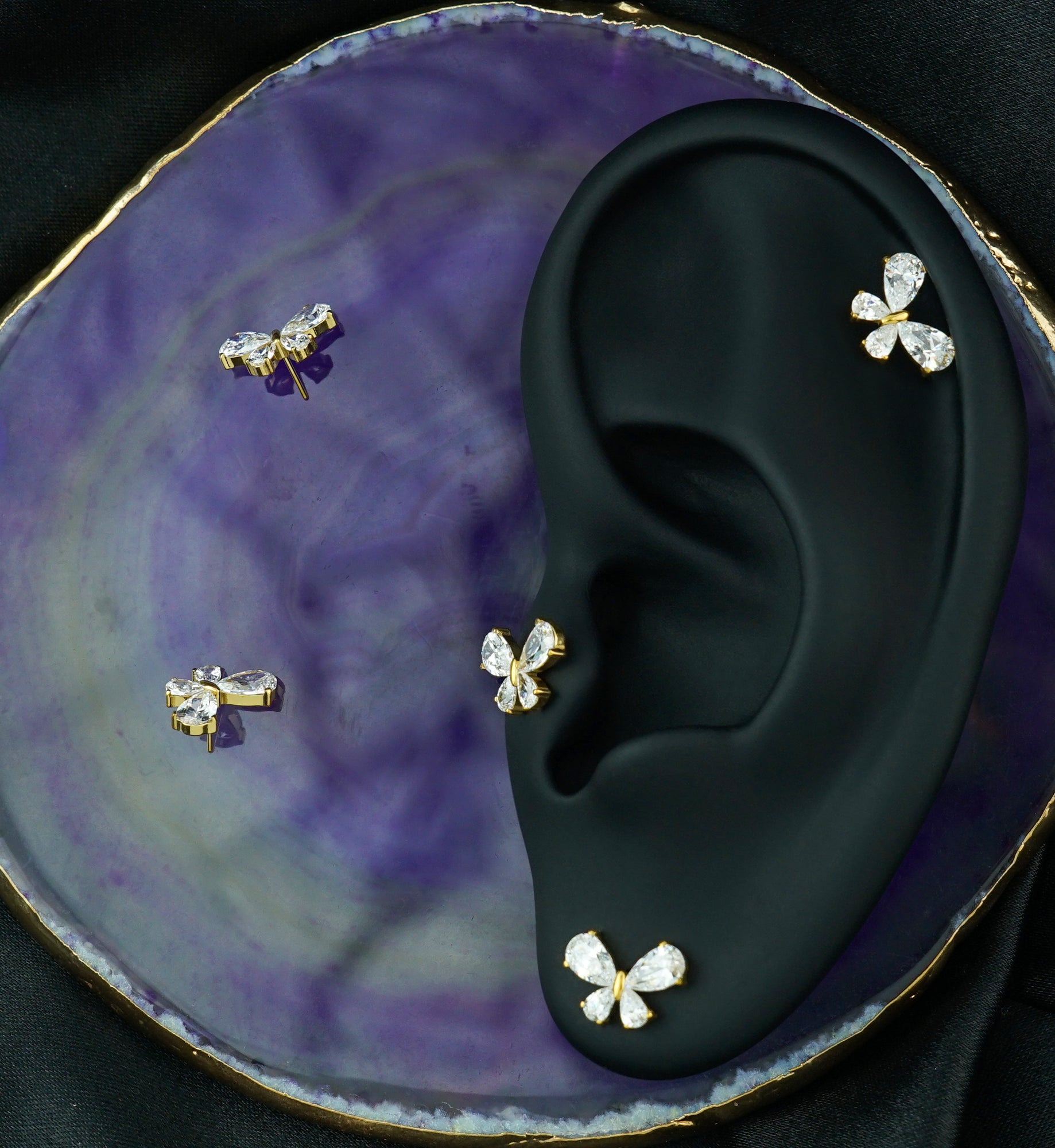 Gold PVD Butterfly Teardrop Clear CZ Titanium Threadless Top