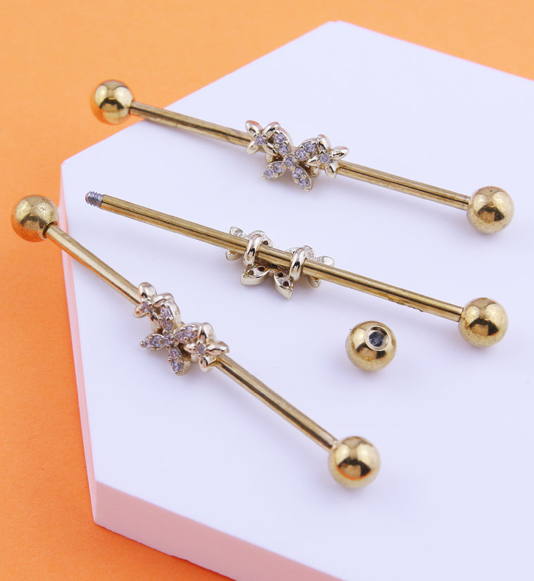 Gold PVD Butterfly Trio Clear CZ Stainless Steel Industrial Barbell
