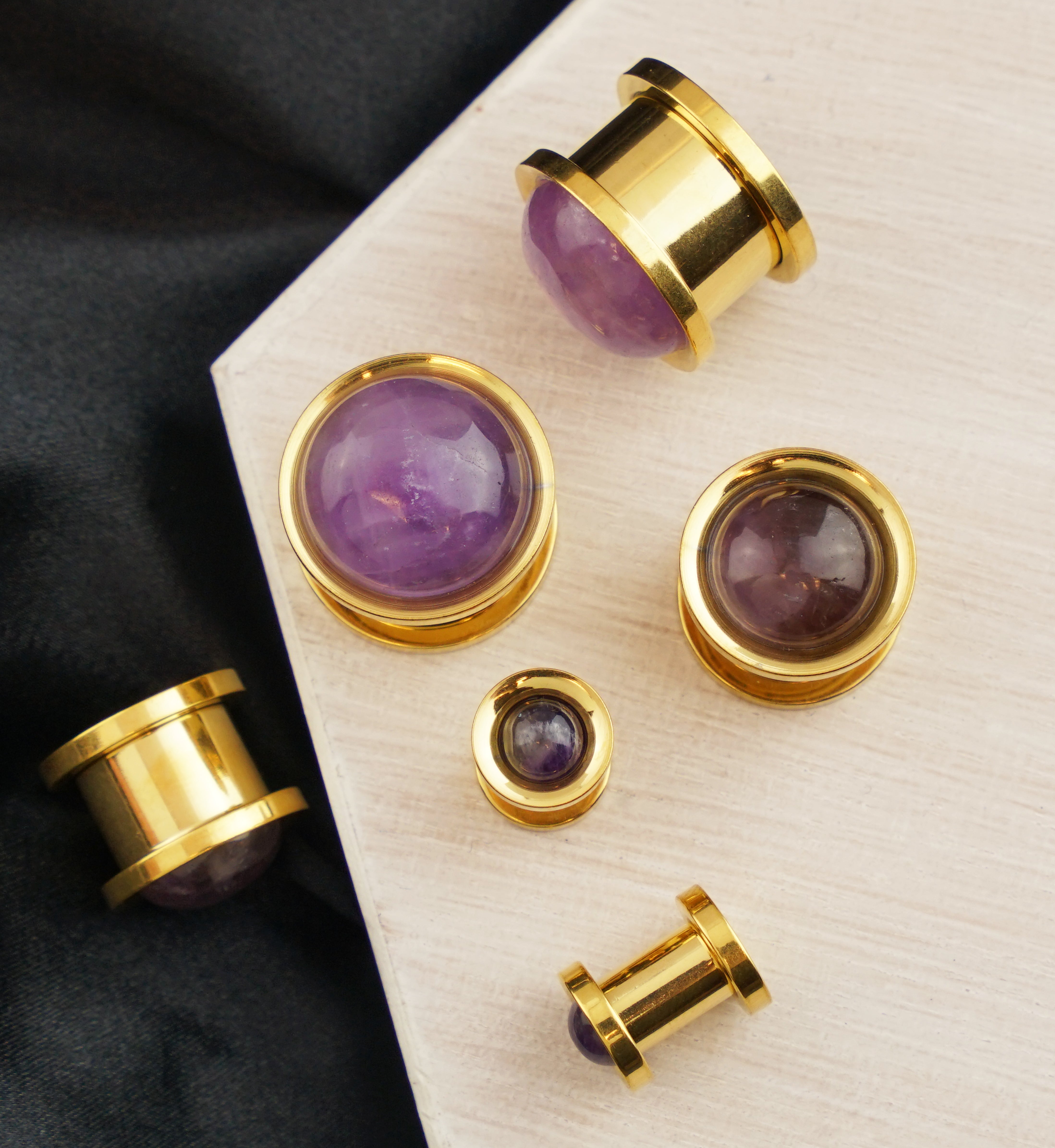 Gold PVD Cabochon Amethyst Stainless Steel Screw Back Tunnel Plugs