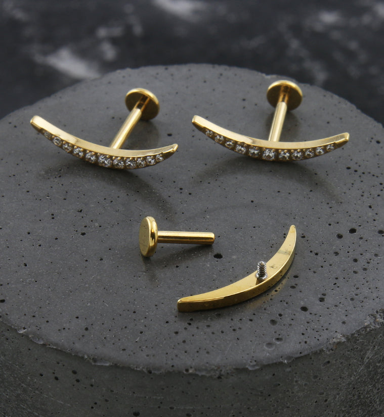 Gold PVD Camber Clear CZ Internally Threaded Titanium Labret