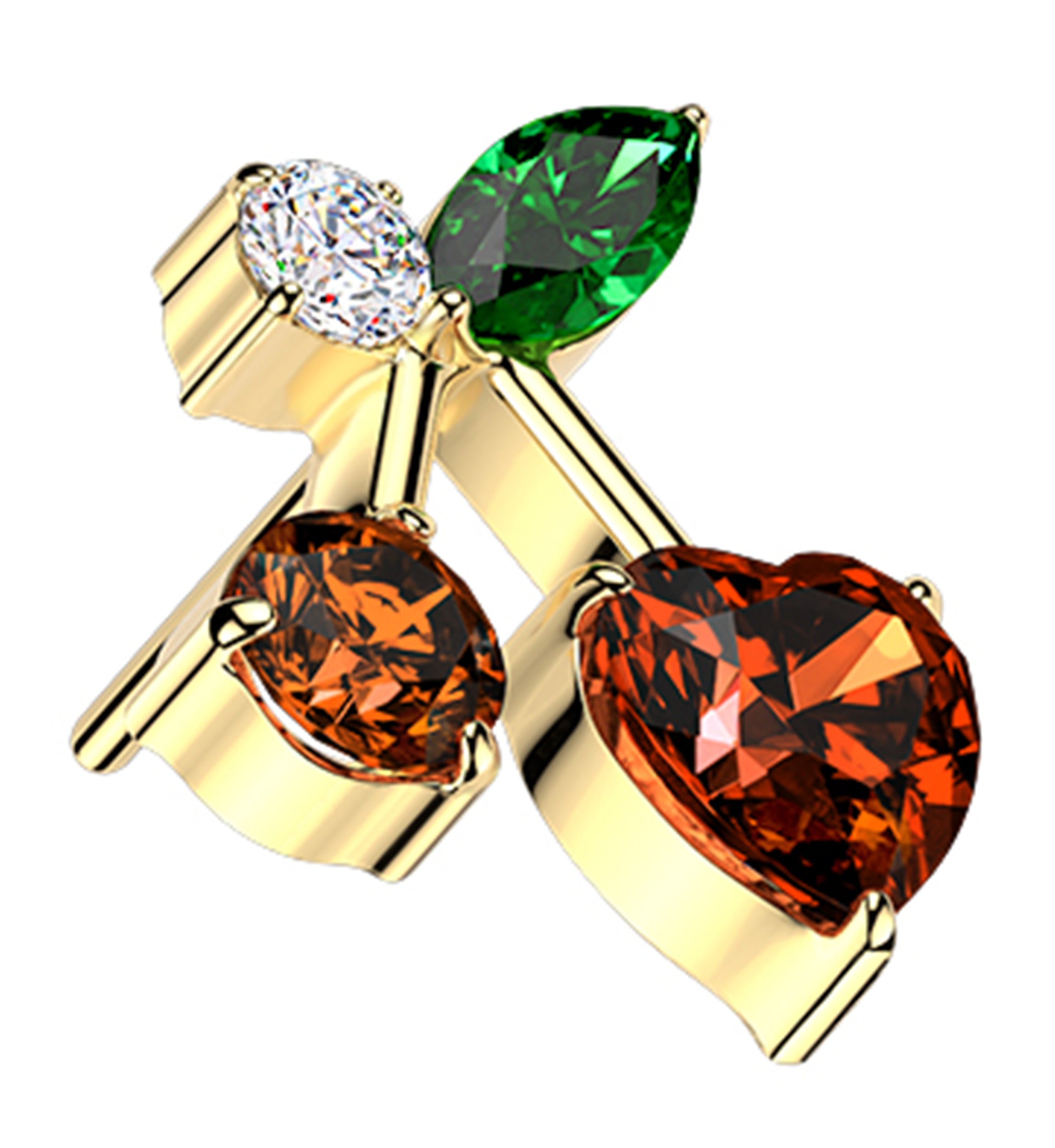 Gold PVD Cherry Heart Red CZ Threadless Titanium Top