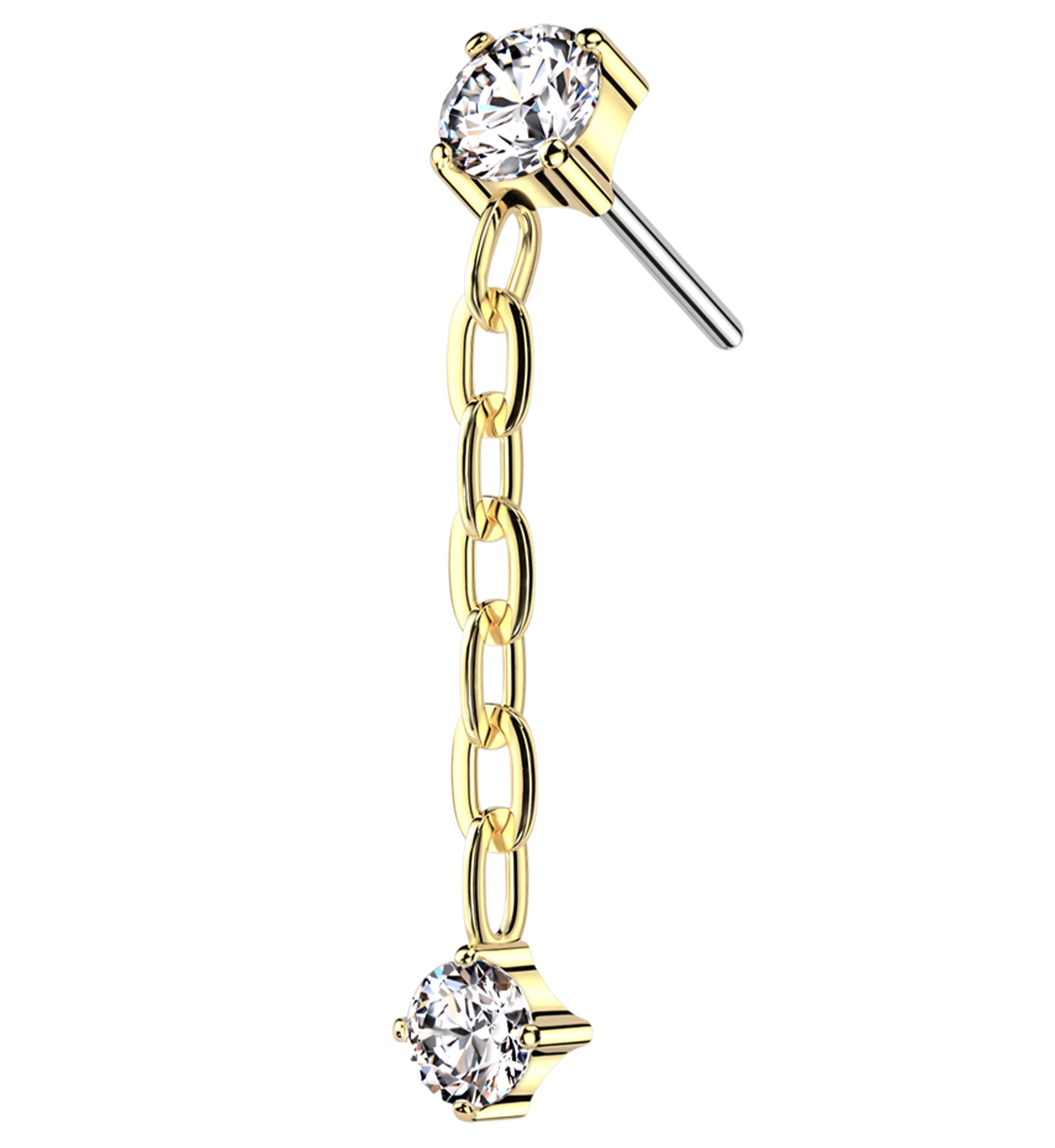 Gold PVD Clear CZ Dangle Chain Titanium Threadless Top