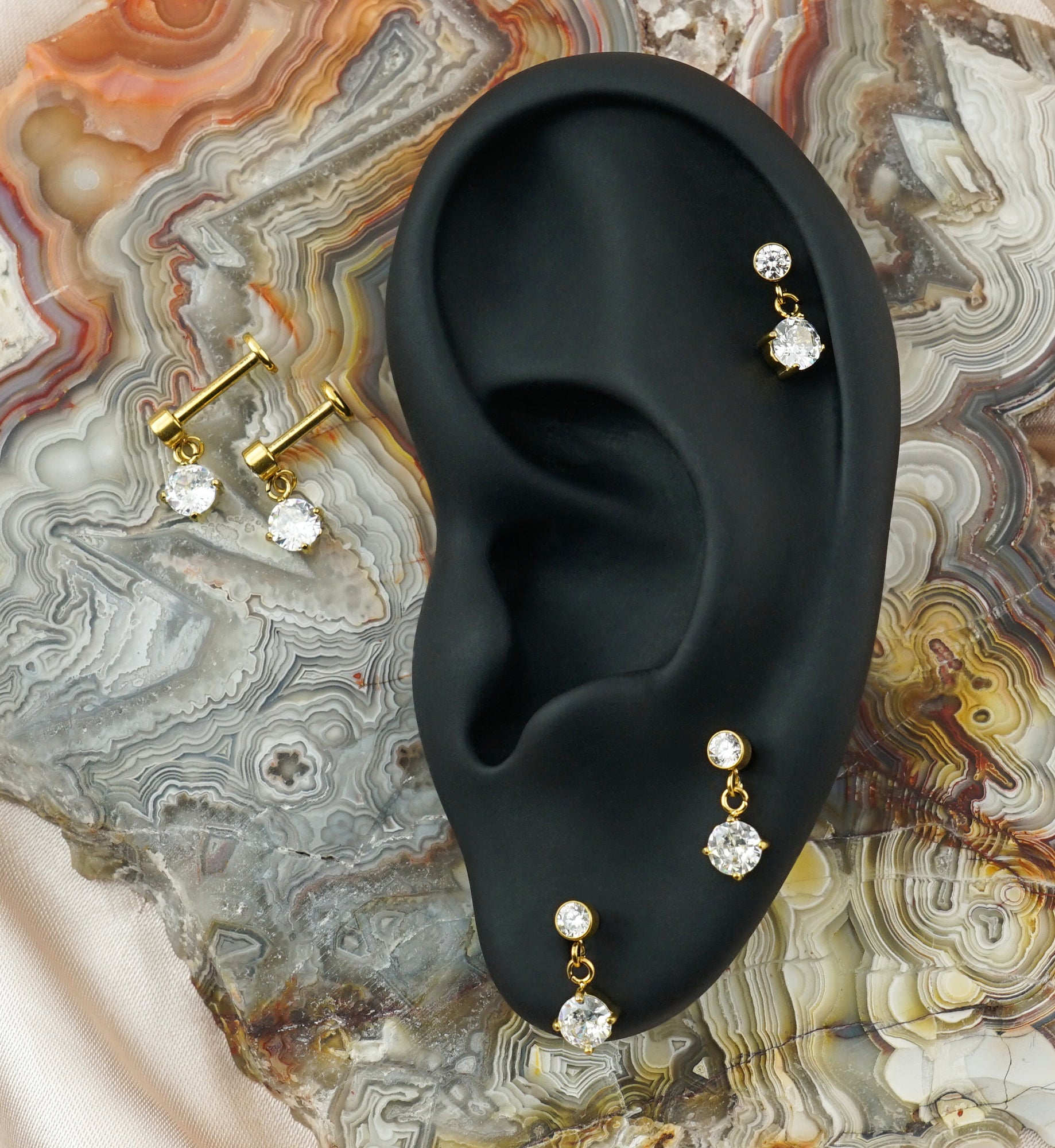 Gold PVD Clear CZ Dangle Internally Threaded Stainless Steel Labret