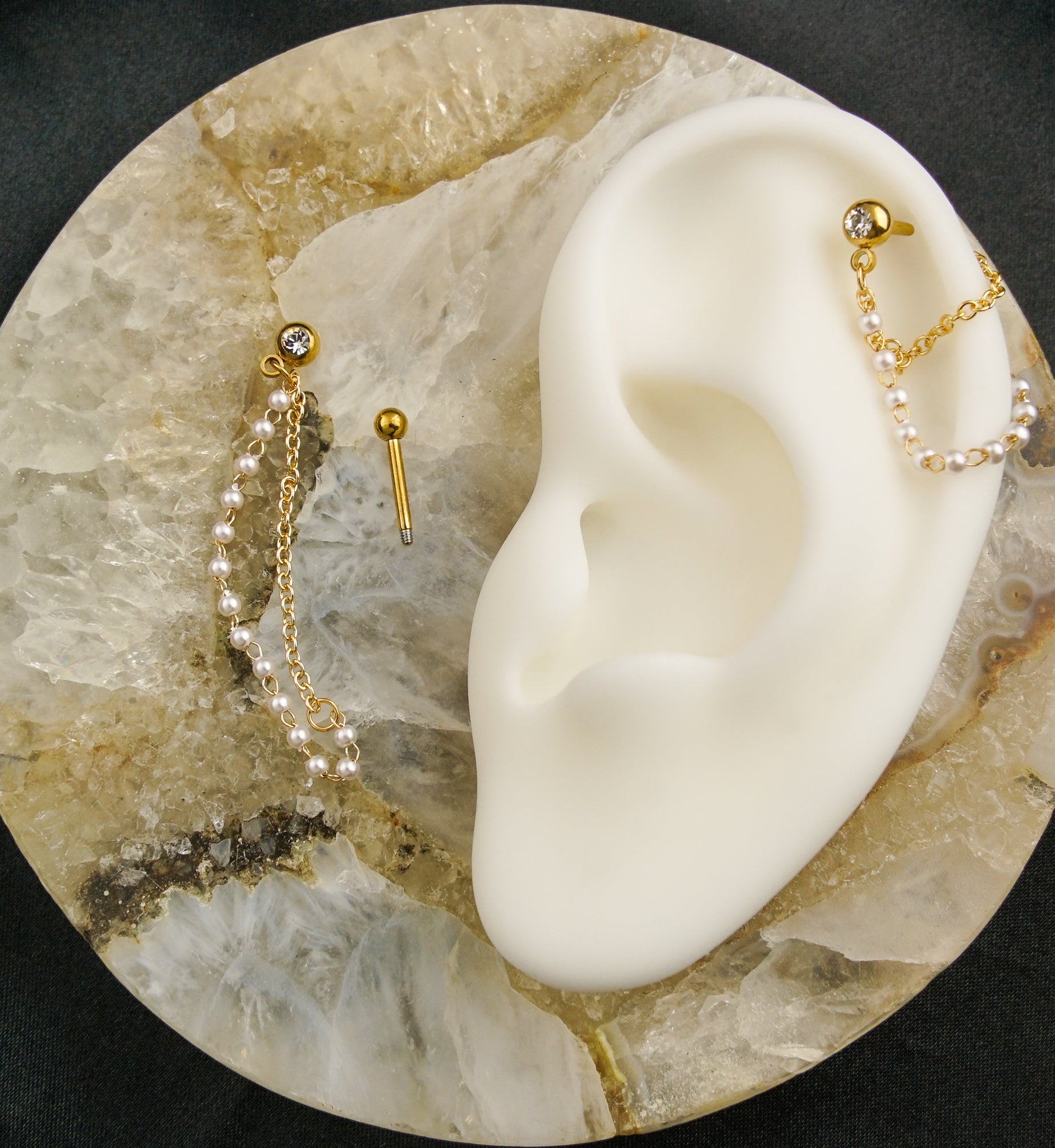 Gold PVD Clear CZ Stainless Steel Mini Pearl Dangle Chain