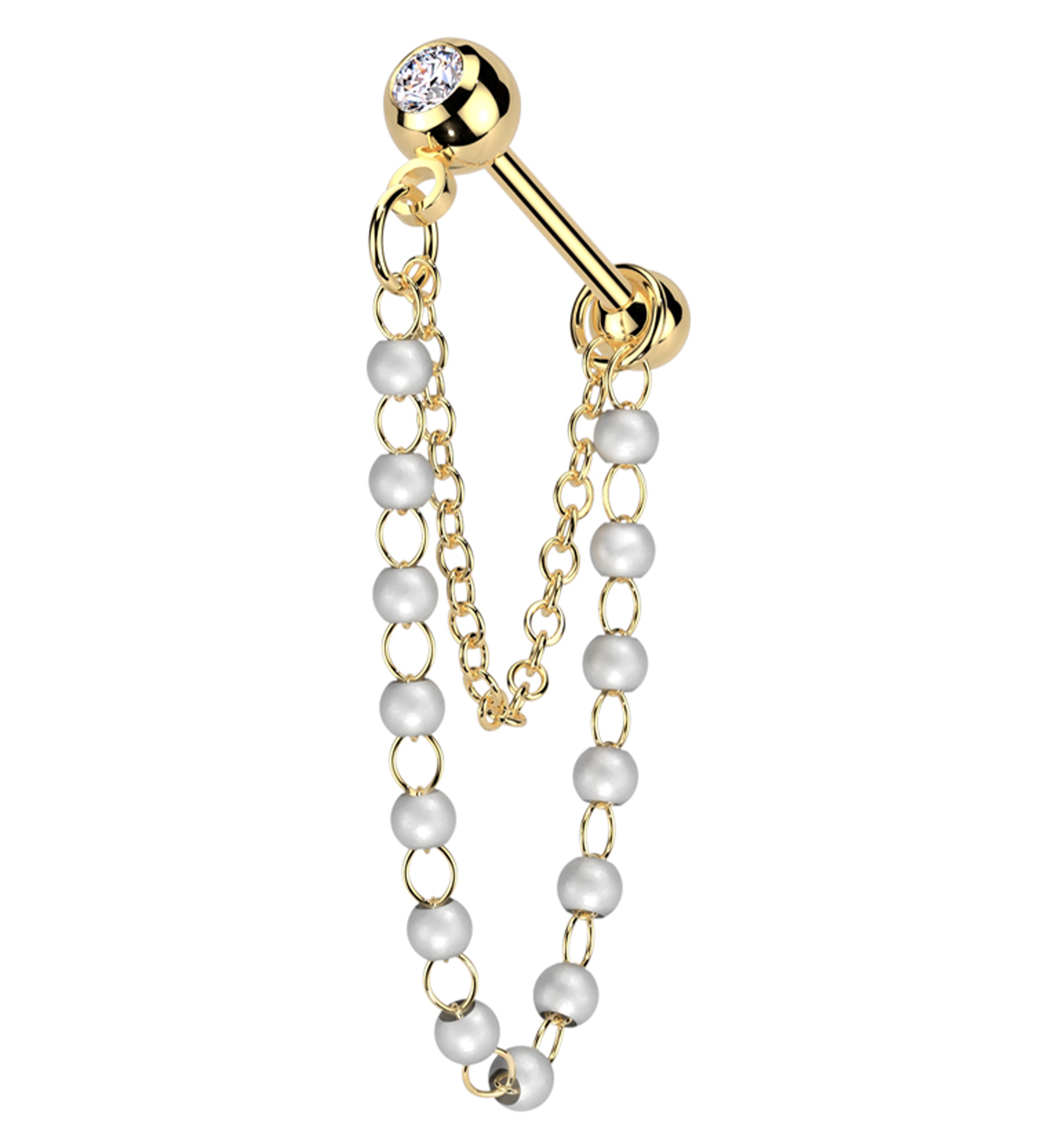 Gold PVD Clear CZ Stainless Steel Mini Pearl Dangle Chain