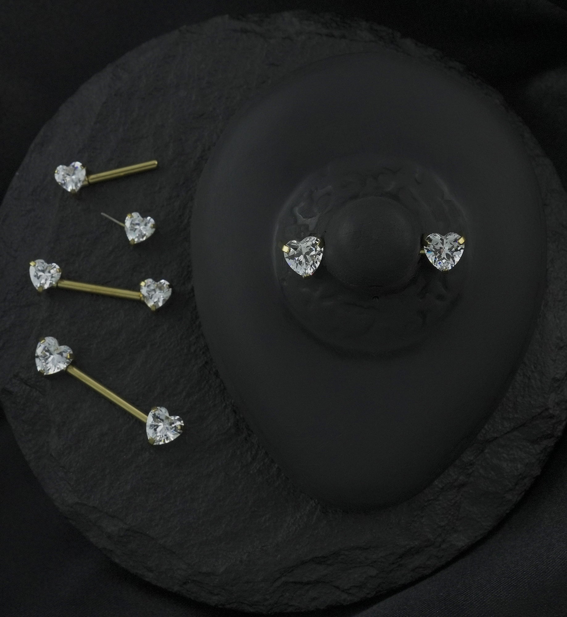 Gold PVD Clear Heart CZ Threadless Titanium Nipple Barbell