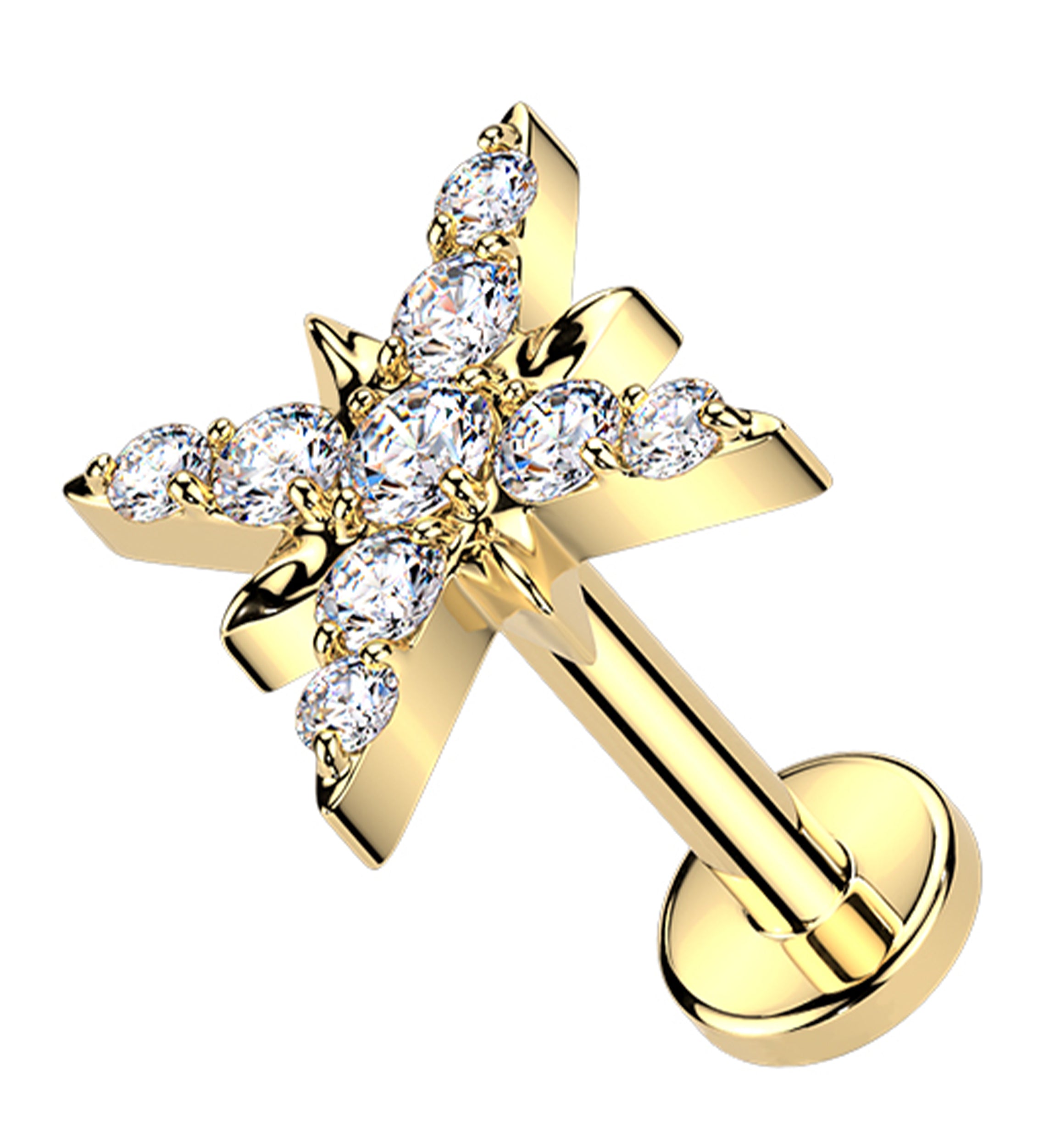 Gold PVD Compass Rose Clear CZ Titanium Threadless Labret