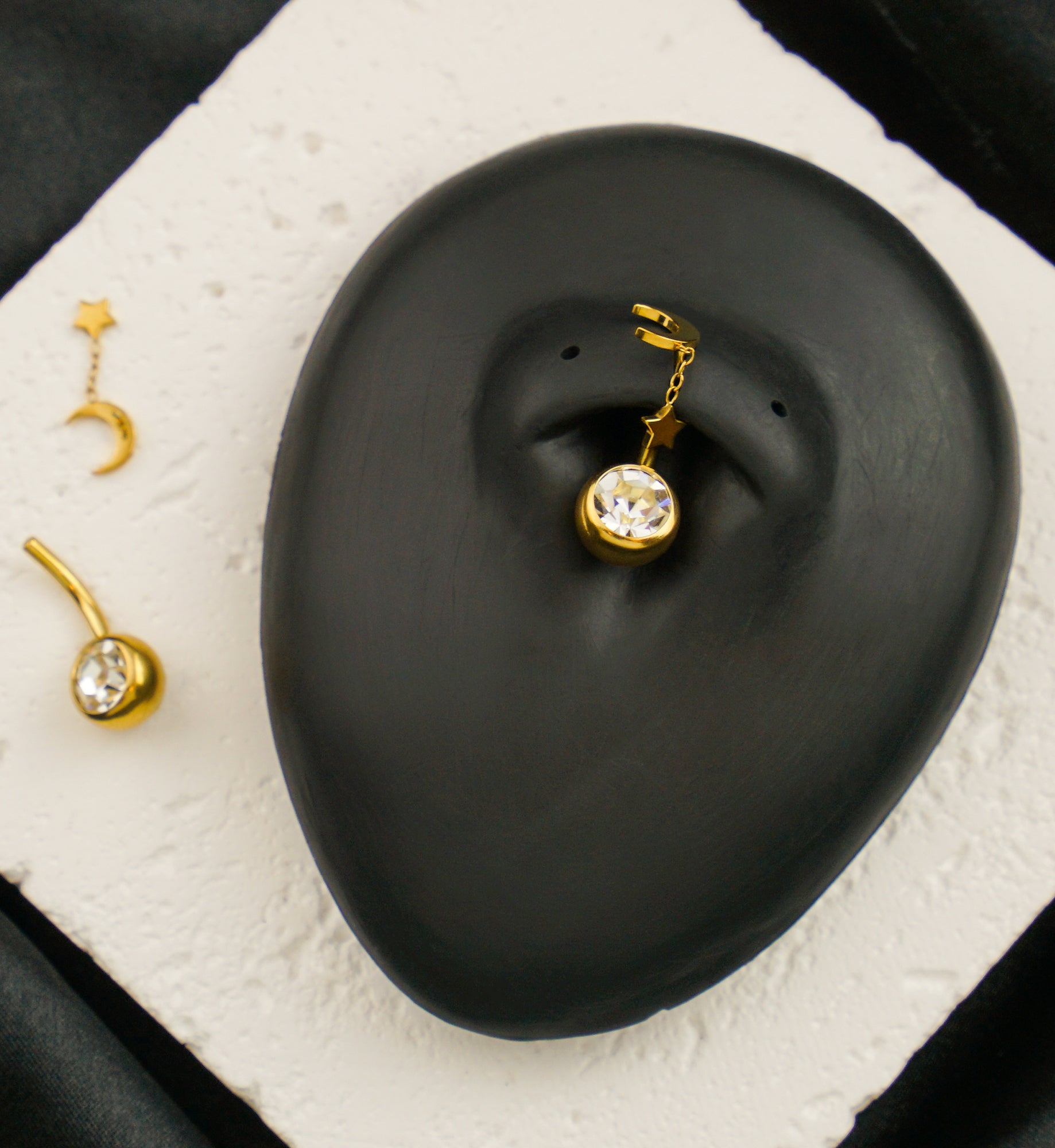 Gold PVD Crescent Dangle Star Clear CZ Titanium Threadless Belly Button Ring