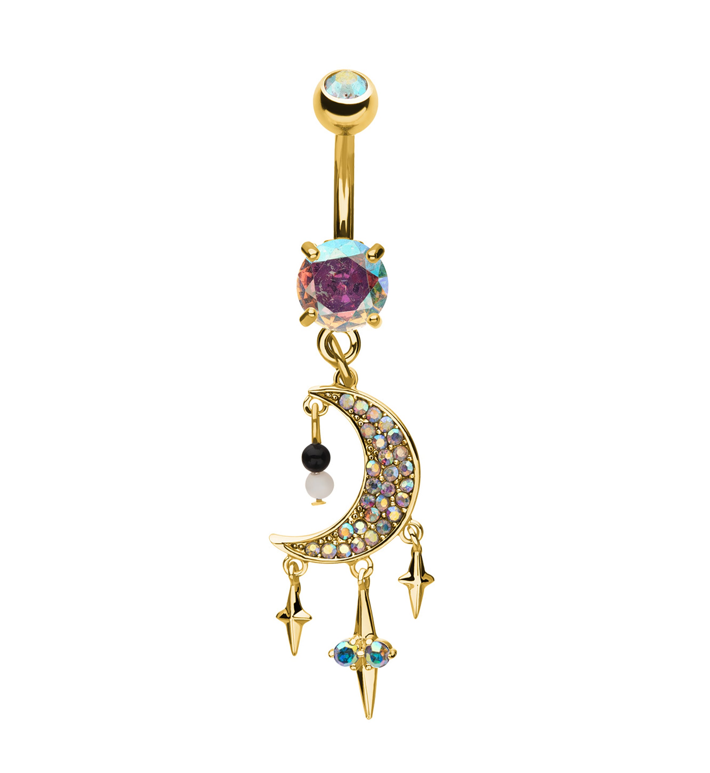 Gold PVD Crescent Moon With Triple Dangle Star Rainbow Aurora CZ Stainless Steel Belly Button Ring