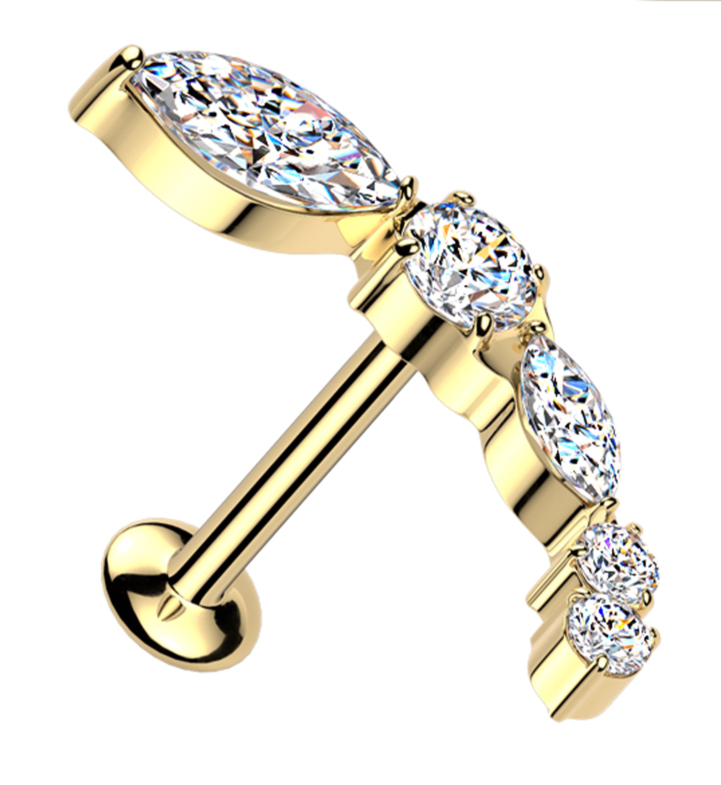 Gold PVD Curve Marquise Clear CZ Threadless Titanium Labret