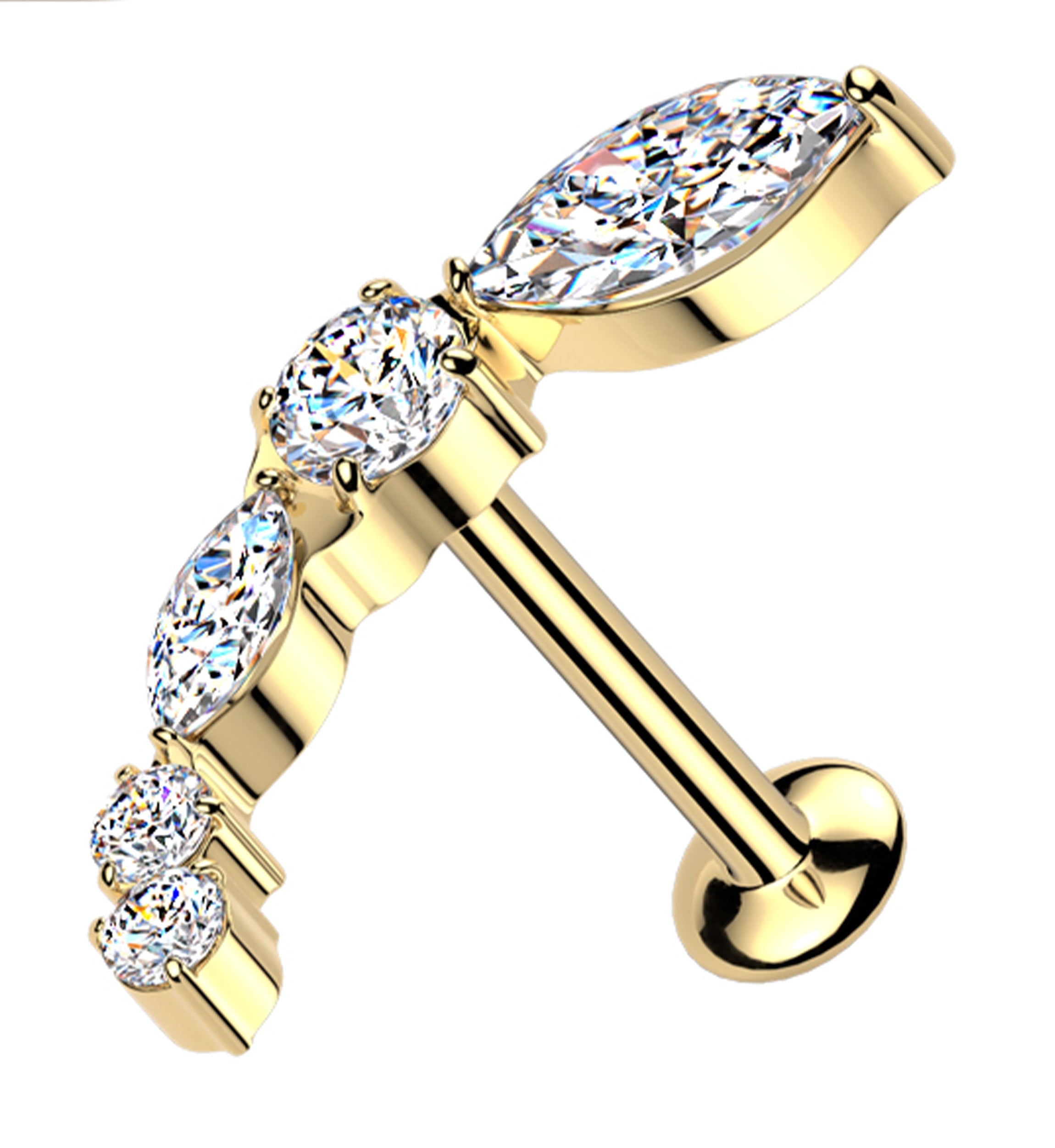 Gold PVD Curve Marquise Clear CZ Threadless Titanium Labret