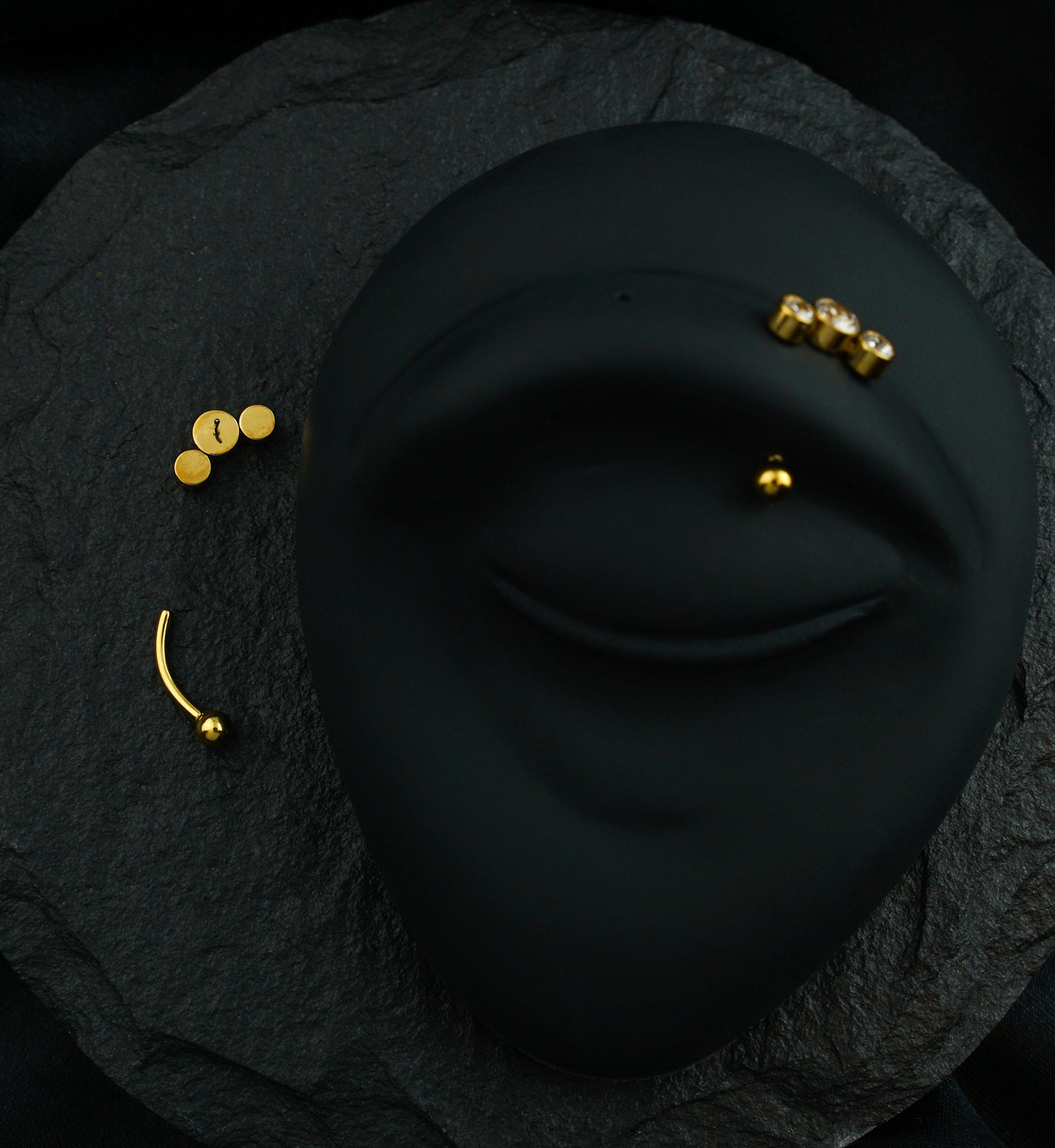 Gold PVD Curve Triple Clear CZ Threadless Titanium Curved Barbell