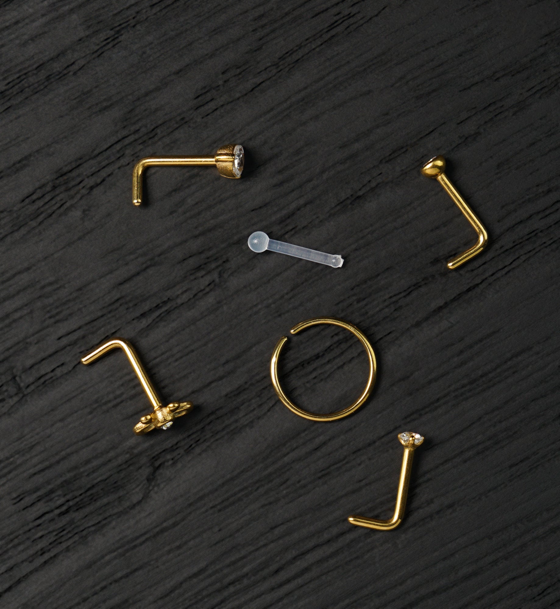 Gold PVD Demure Clear CZ Stainless Steel L Bend/Stud/Hoop Variety Pack (6 Pack)