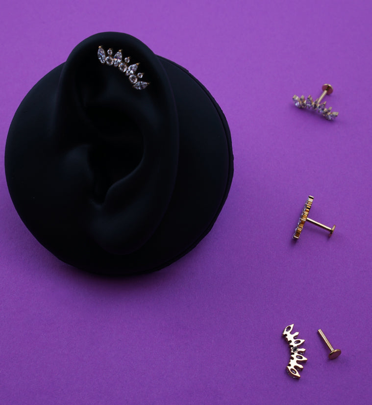 Gold PVD Diadem Clear CZ Internally Threaded Titanium Labret