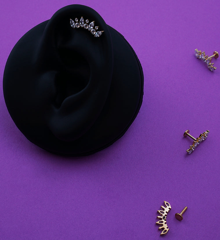 Gold PVD Diadem Clear CZ Internally Threaded Titanium Labret