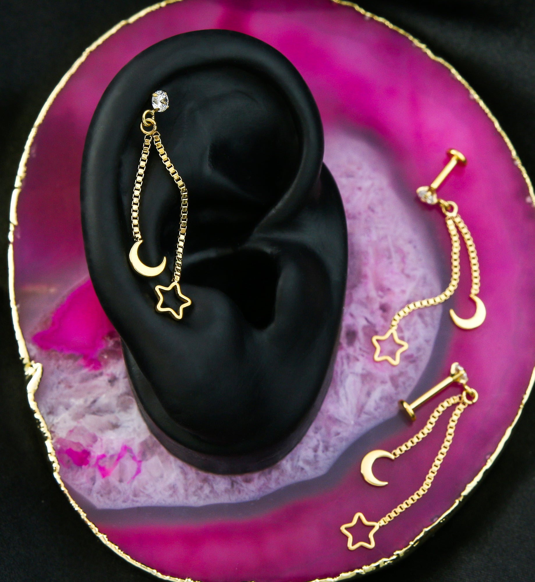 Gold PVD Double Dangle Moon And Star Clear CZ Stainless Steel Internally Threaded Labret