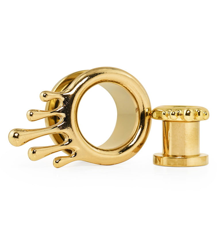 Gold PVD Dripping Stainless Steel Screw Back Tunnel Plugs