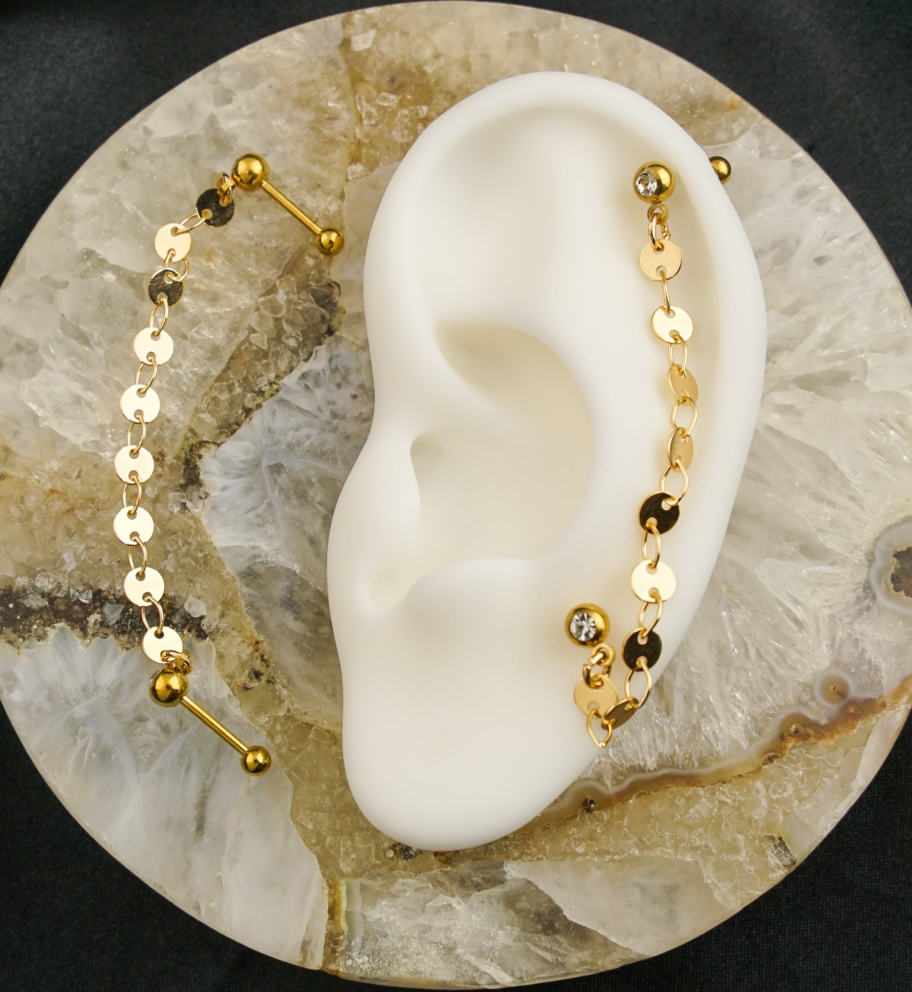 Gold PVD Dual Barbell Clear CZ Stainless Steel Flat Disk Link Piercing Chain