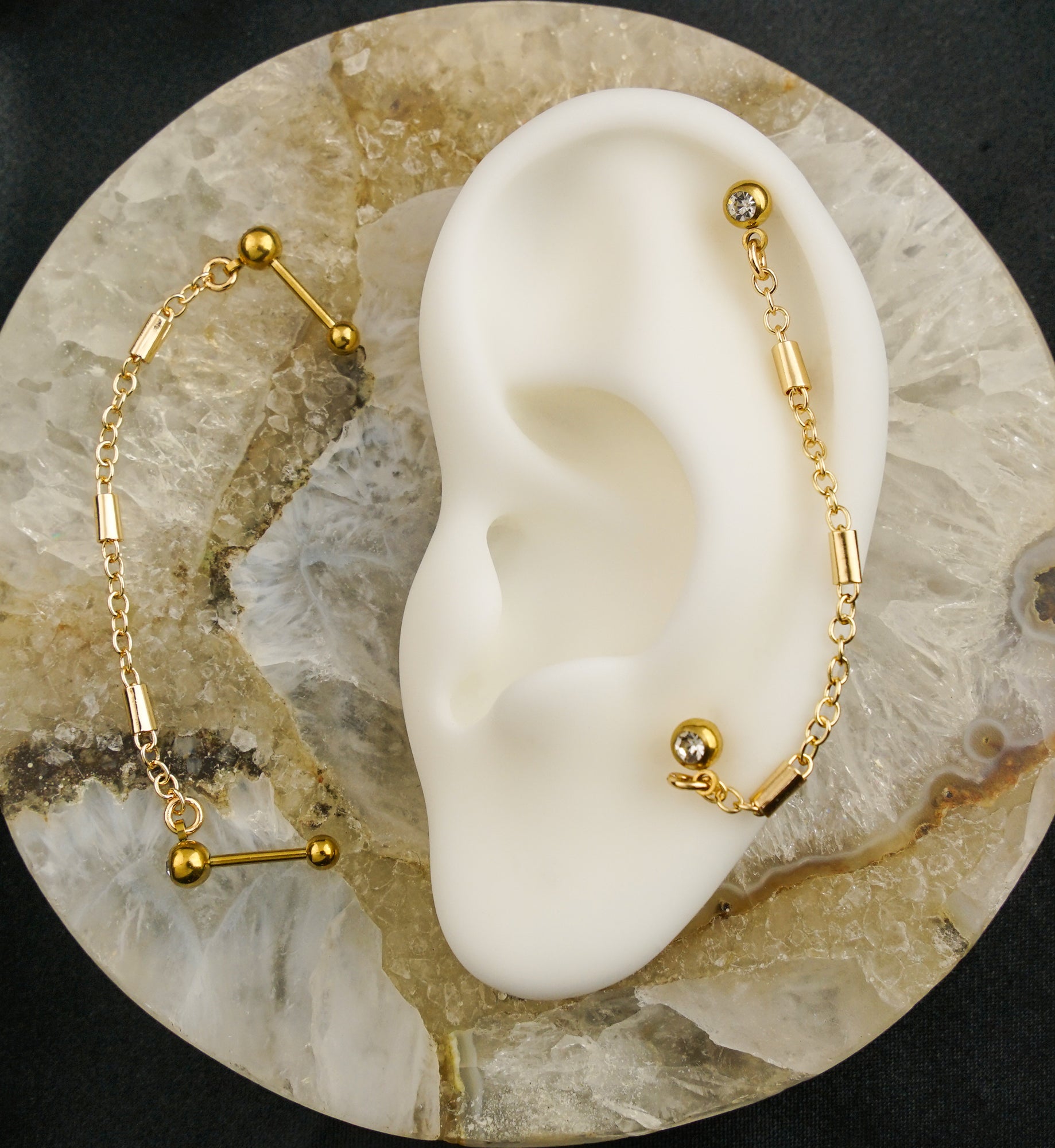 Gold PVD Dual Barbell Clear CZ Stainless Steel Link Piercing Chain