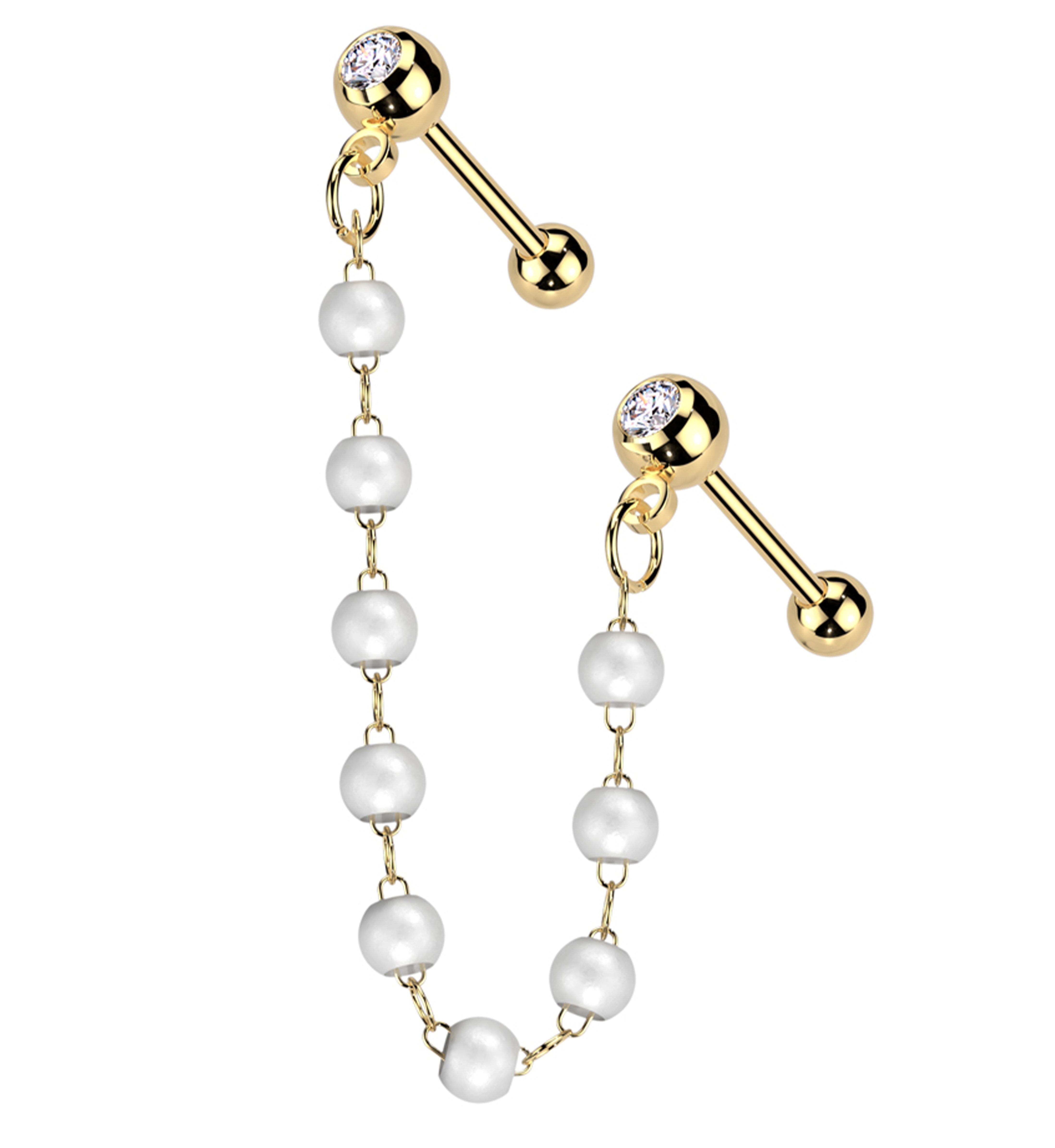Gold PVD Dual Barbell Clear CZ Stainless Steel Pearl Piercing Chain
