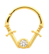 Gold PVD Dual Dagger Clear CZ Stainless Steel Hinged Segment Ring