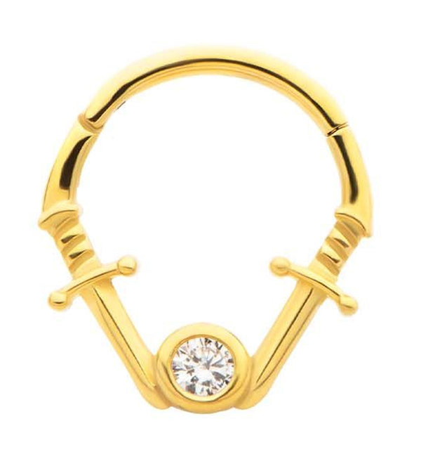 Gold PVD Dual Dagger Clear CZ Stainless Steel Hinged Segment Ring