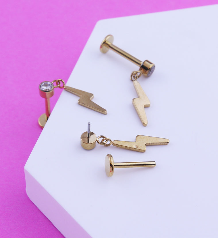 Gold PVD Electric Bolt Dangle Clear CZ Titanium Threadless Labret