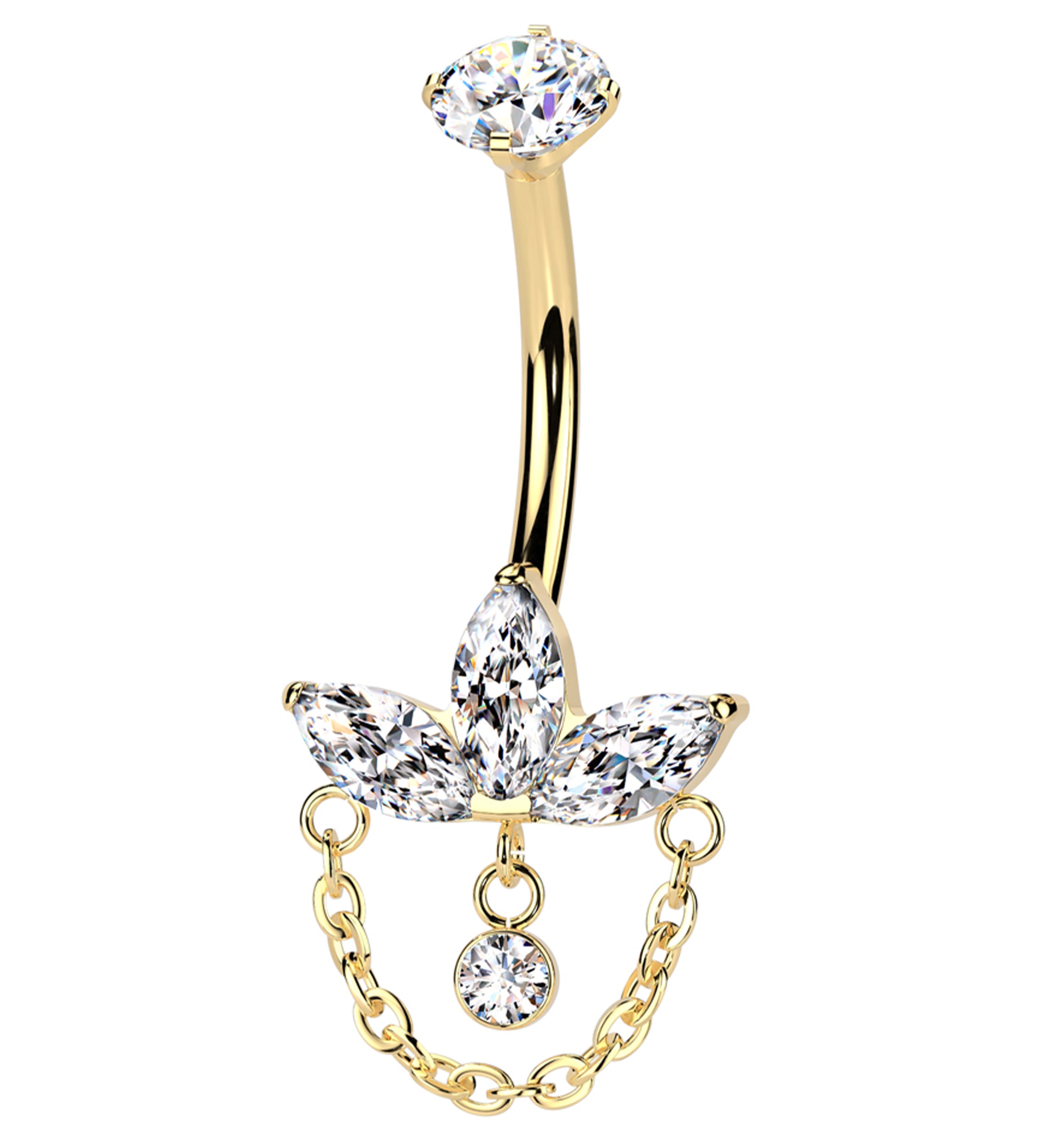 Gold PVD Empress Clear CZ Dangle Chain Titanium Internally Threaded Belly Button Ring