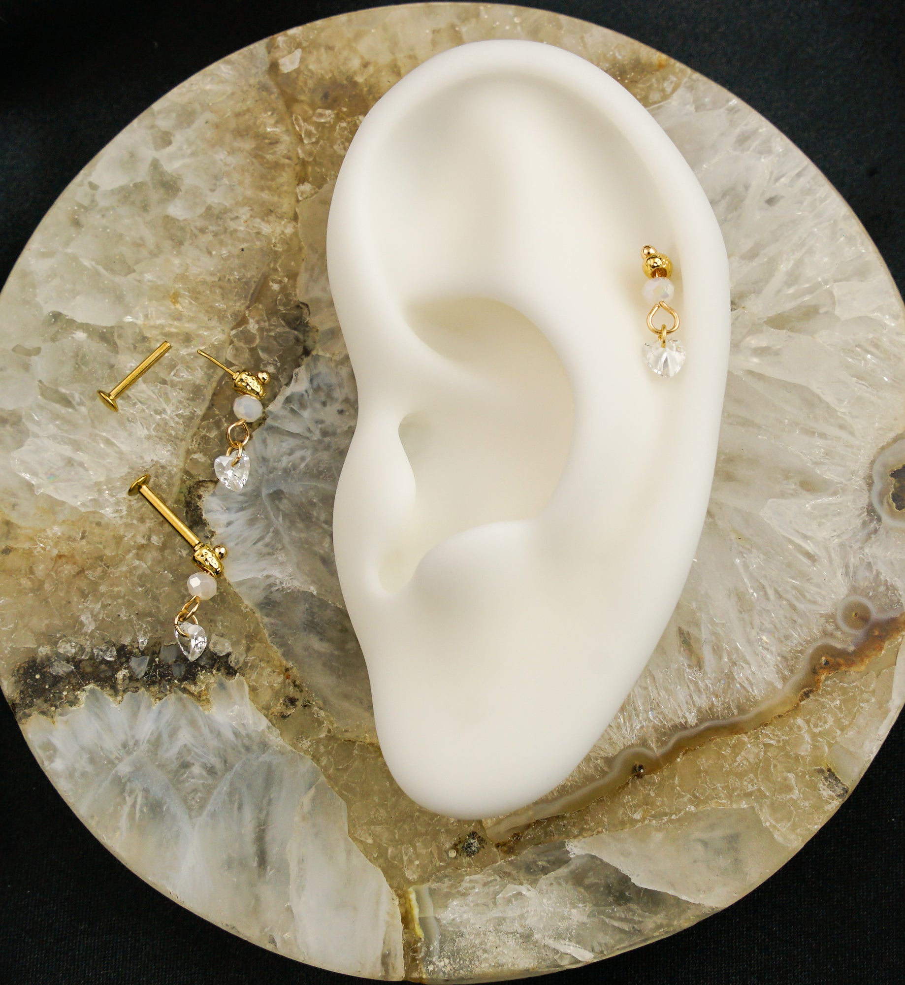 Gold PVD Faceted Bead Heart CZ Dangle Stainless Steel Convex Back Threadless Labret