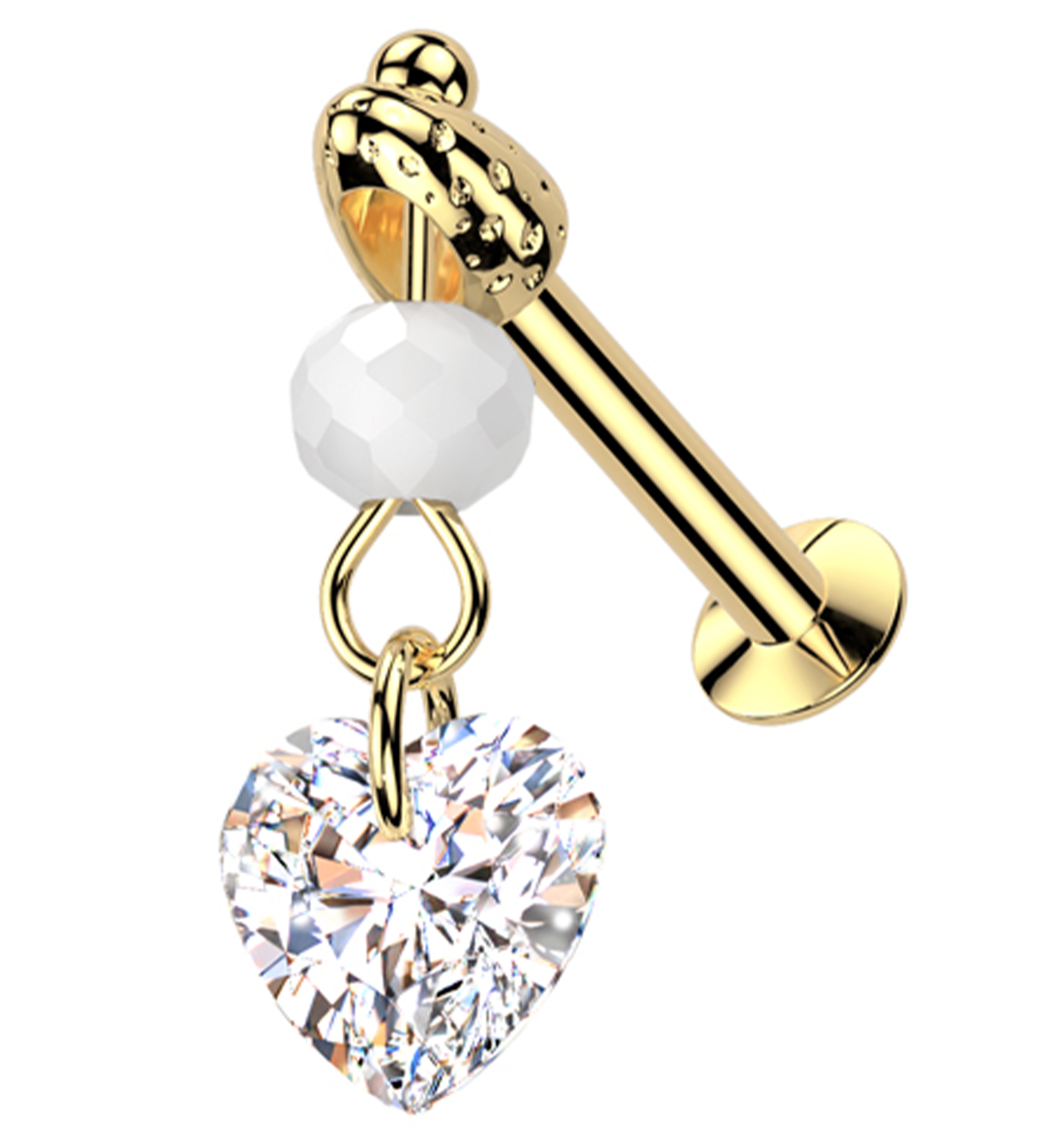 Gold PVD Faceted Bead Heart CZ Dangle Stainless Steel Convex Back Threadless Labret