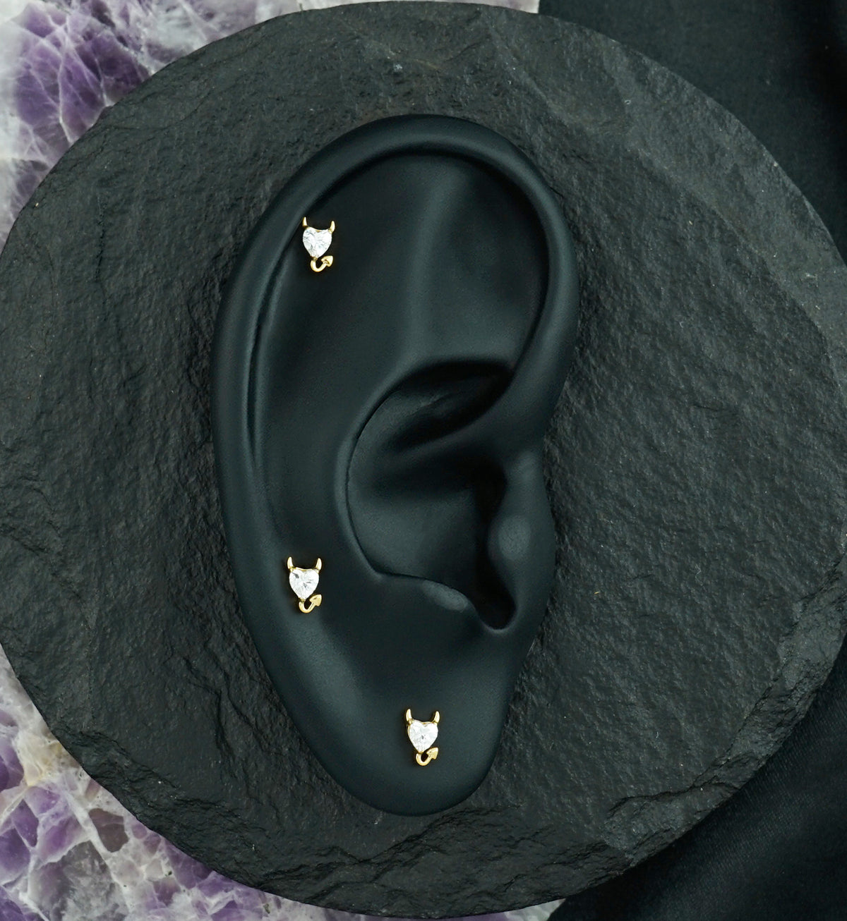 Gold PVD Fiend Heart Clear CZ Titanium Threadless Top