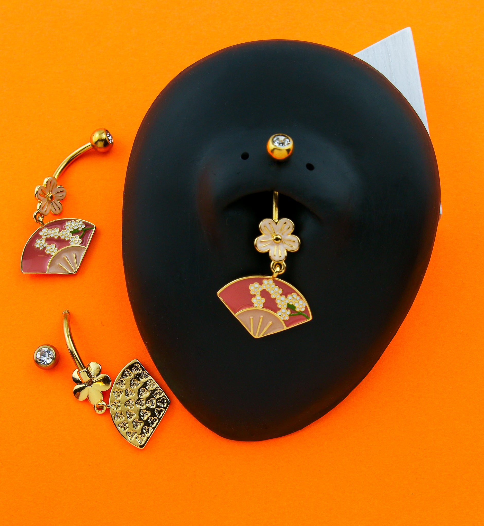 Gold PVD Floral Fan Dangle Stainless Steel Belly Button Ring