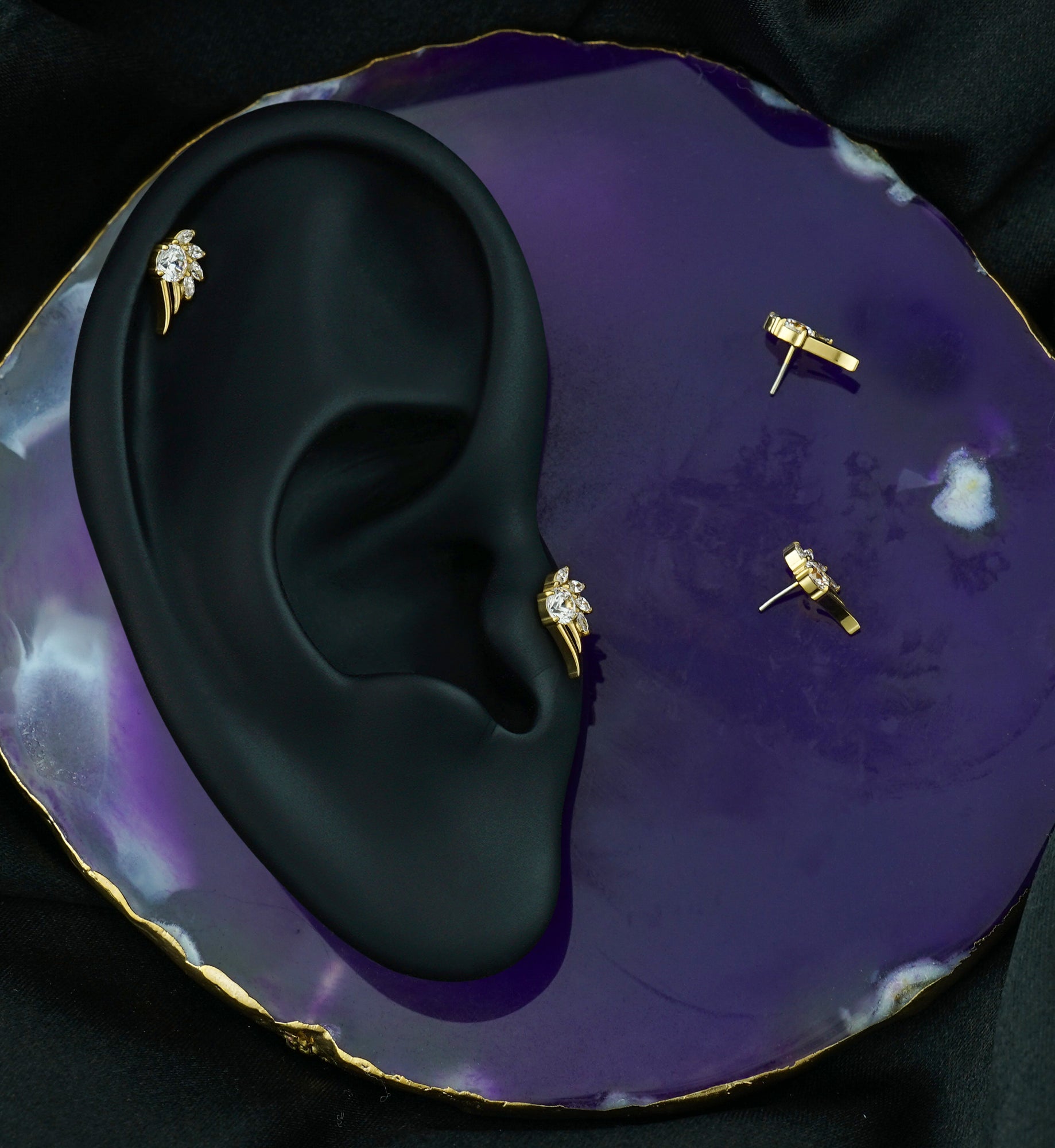 Gold PVD Floral Wing Clear CZ Titanium Threadless Top