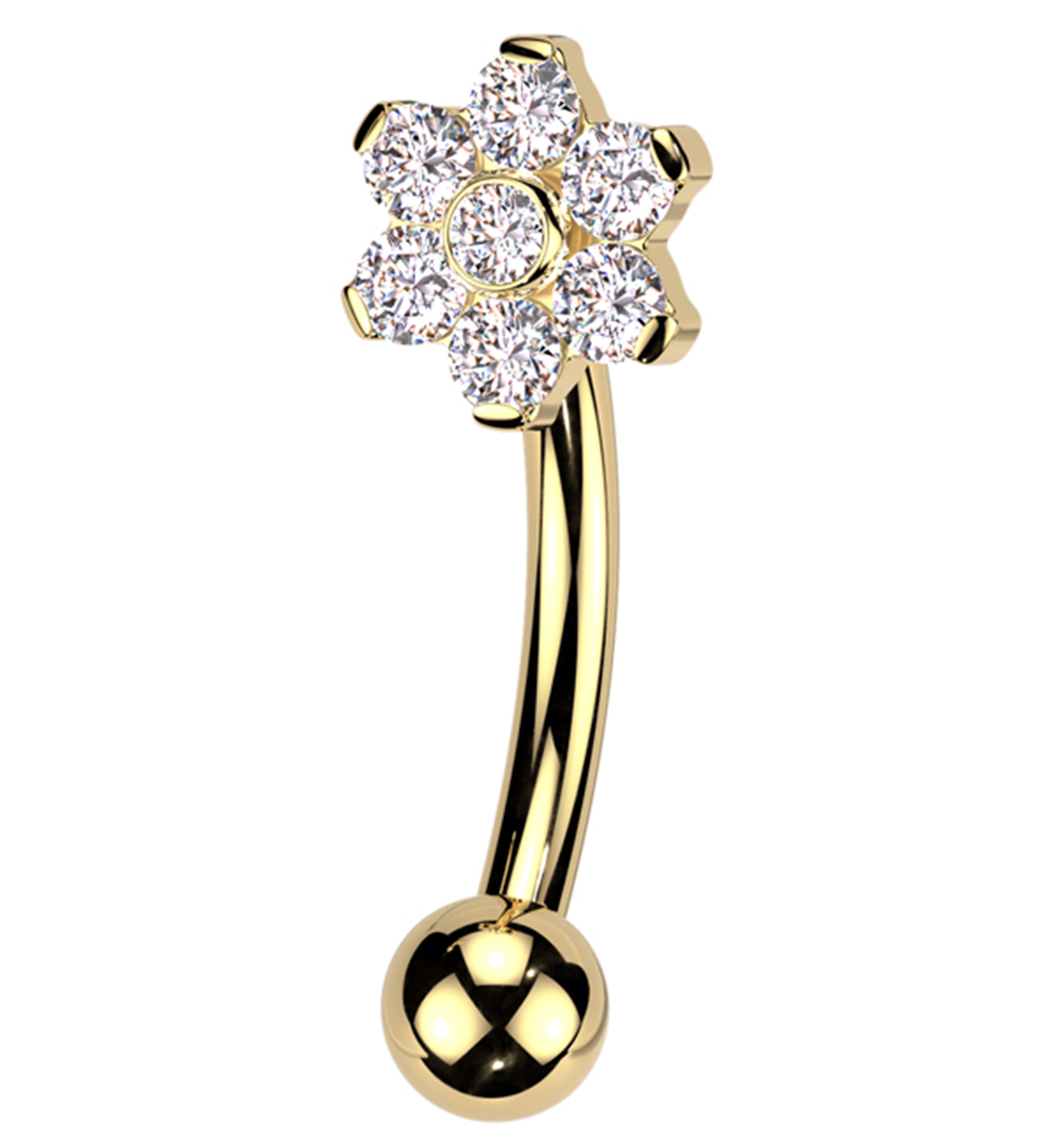 Gold PVD Flower Clear CZ Internally Threaded Titanium Curved Barbell