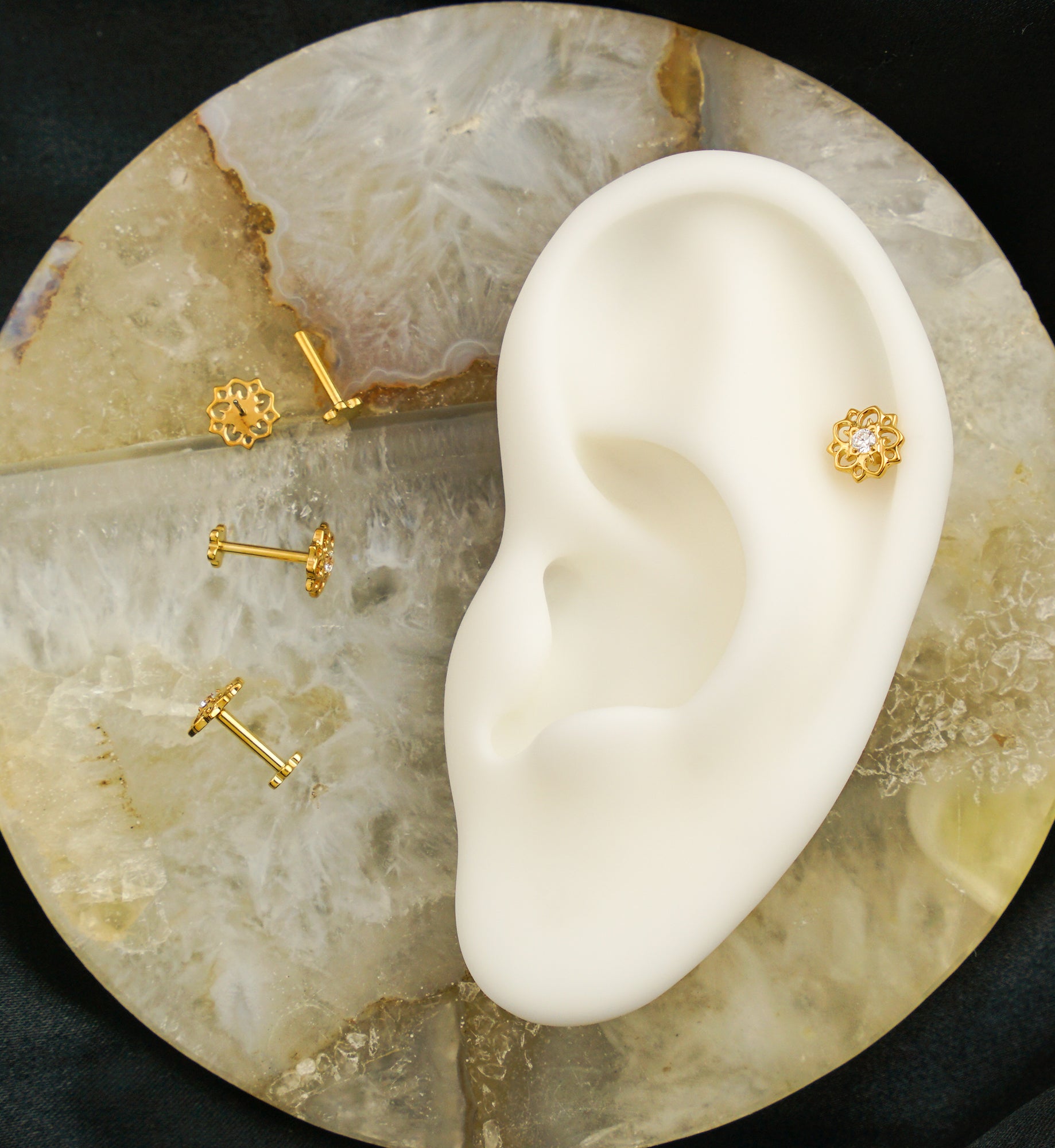 Gold PVD Flower Whimsy Clear CZ Threadless Titanium Flower Back Labret