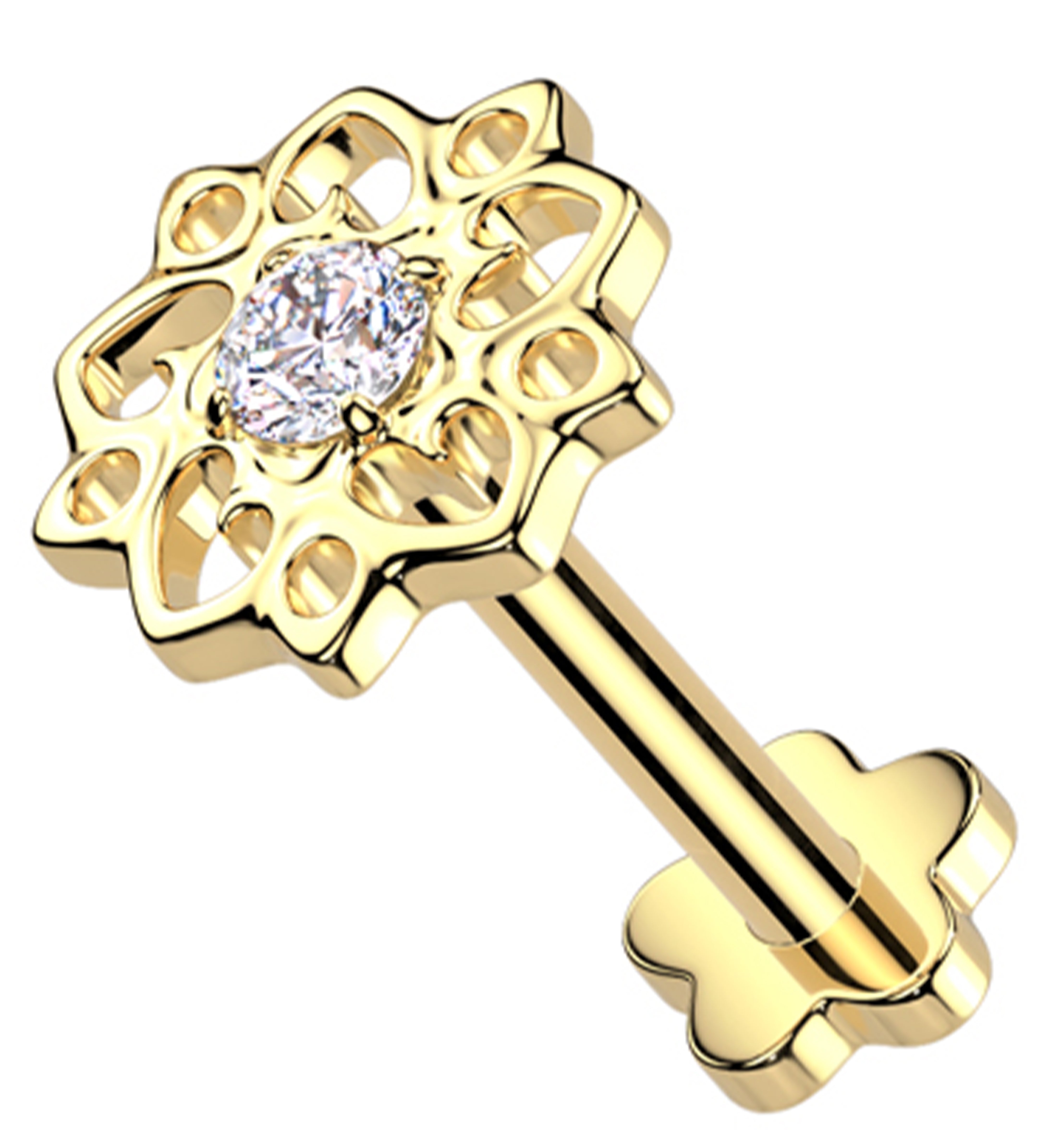 Gold PVD Flower Whimsy Clear CZ Threadless Titanium Flower Back Labret