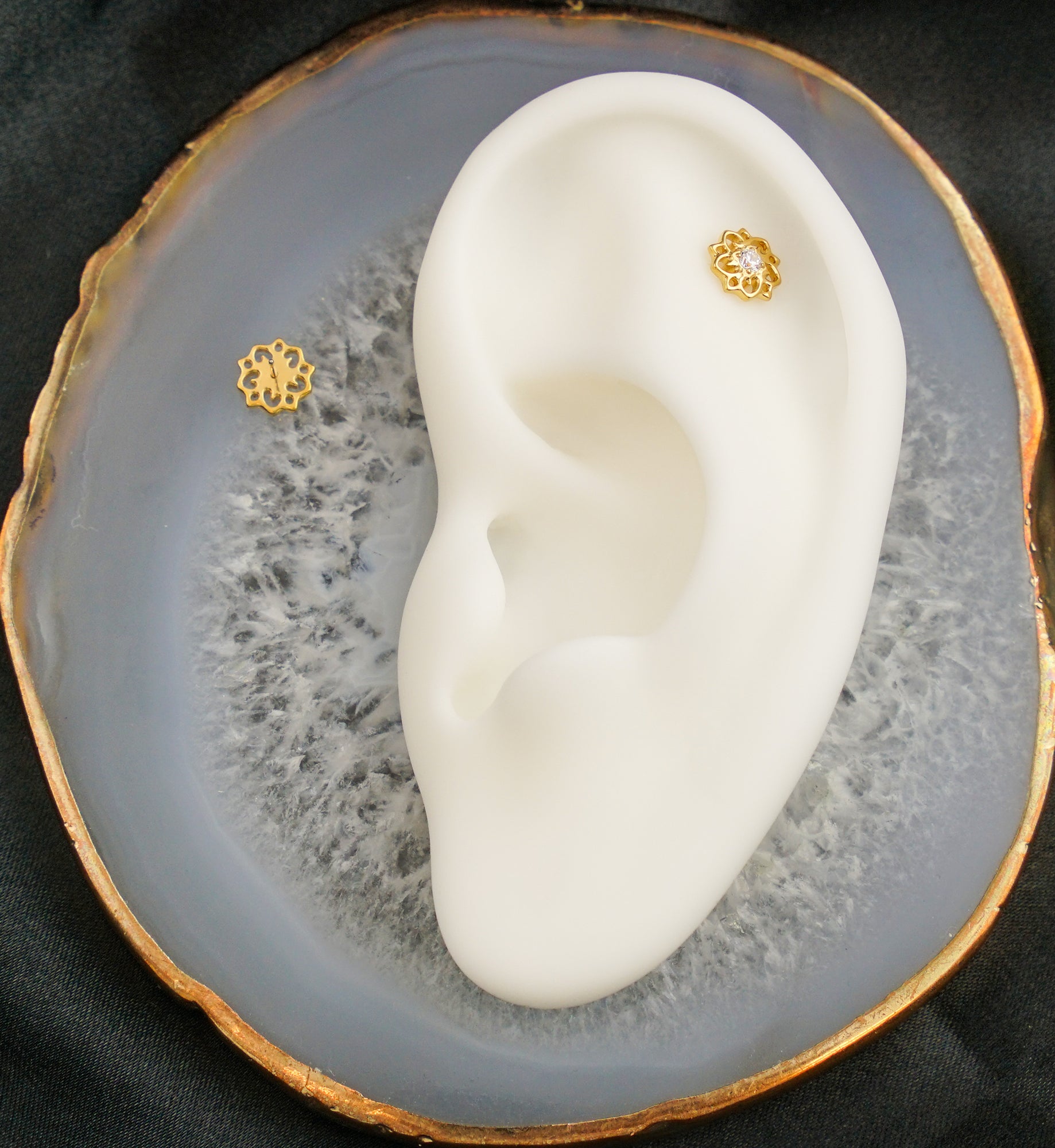 Gold PVD Flower Whimsy Clear CZ Threadless Titanium Top